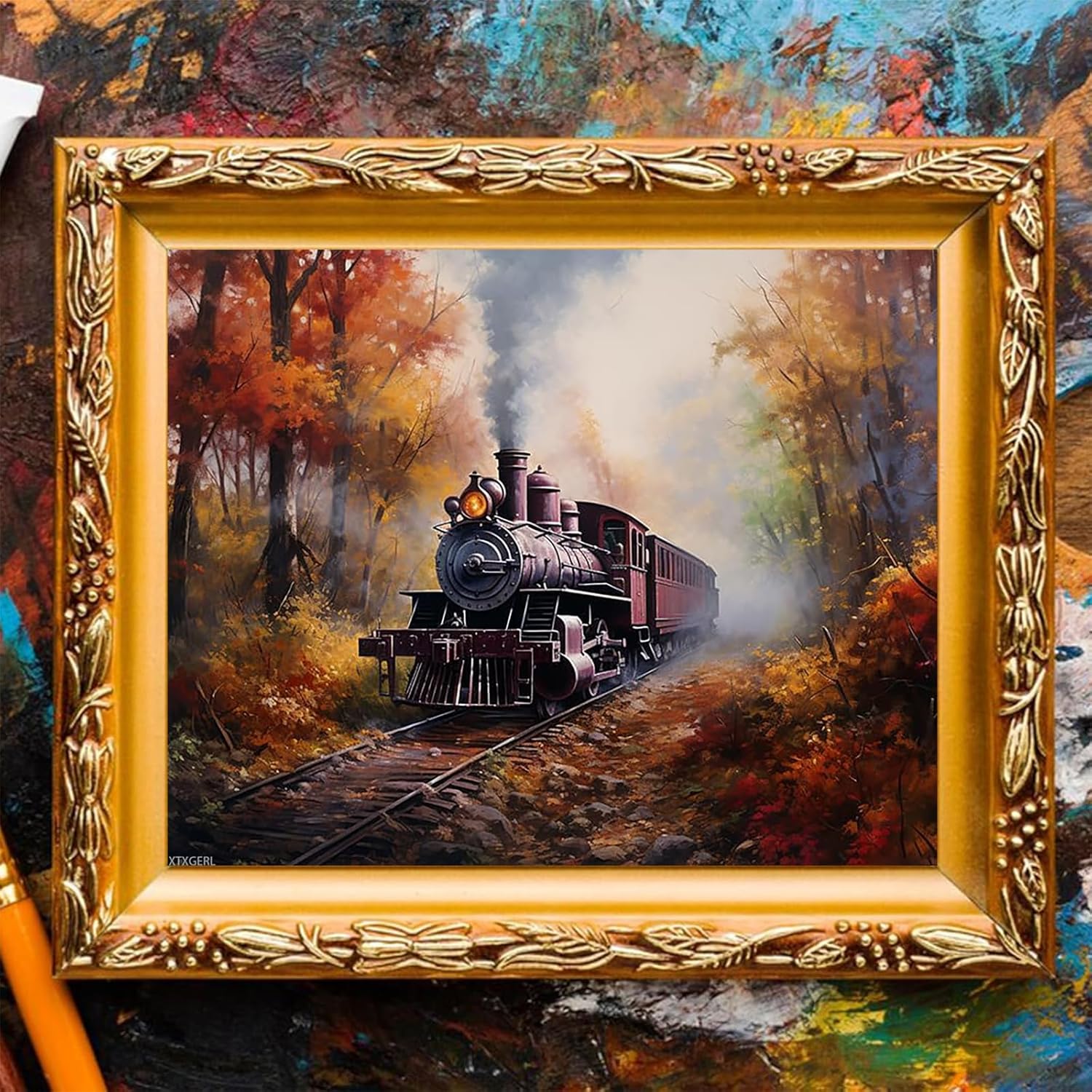 XTXGERL DIY Acrylic Painting Kit, Retro Steam Train in The Forest, Paint by Number for Adults and Beginner, Canvas Painting Gift Kit Home Wall Decor, 40x50cm