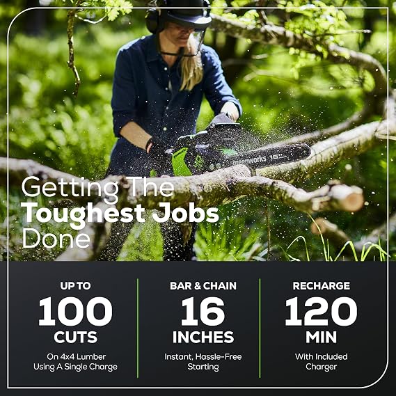 Greenworks 40V 16 Brushless Cordless Chainsaw (Gen 2) (Great For Tree Felling, Limbing, Pruning, and Firewood / 75+ Compatible Tools), 4.0Ah Battery and Charger Included