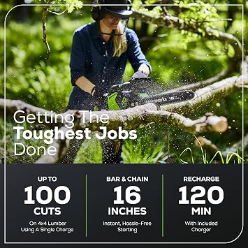 Greenworks 40V 16 Brushless Cordless Chainsaw (Gen 2) (Great For Tree Felling, Limbing, Pruning, and Firewood / 75+ Compatible Tools), 4.0Ah Battery and Charger Included