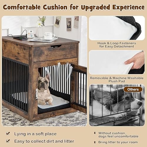 Miniatura 4 de PETSITE Muebles estilo jaula para perros, mesa auxiliar decorativa para perreras con estación de carga USB e inalámbrica, cajón de almacenamiento,