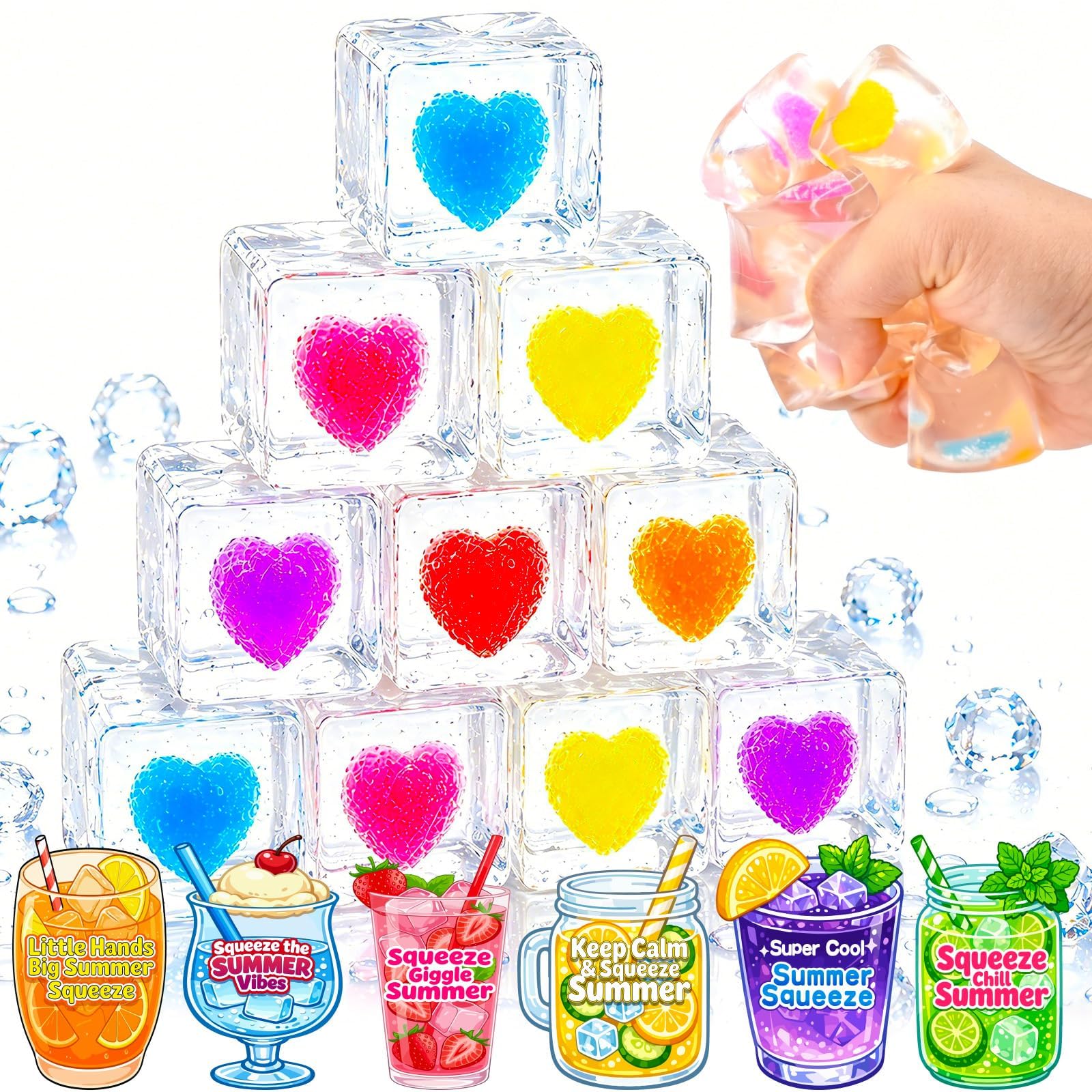 gyoyede 24 Pcs Ice Cube Squishy with Greeting Cards,Stress Cube Squeeze Fidget for Adults, Sensory Squishy Ball for Anxiety Relief,Party Favor, Classroom Prizes