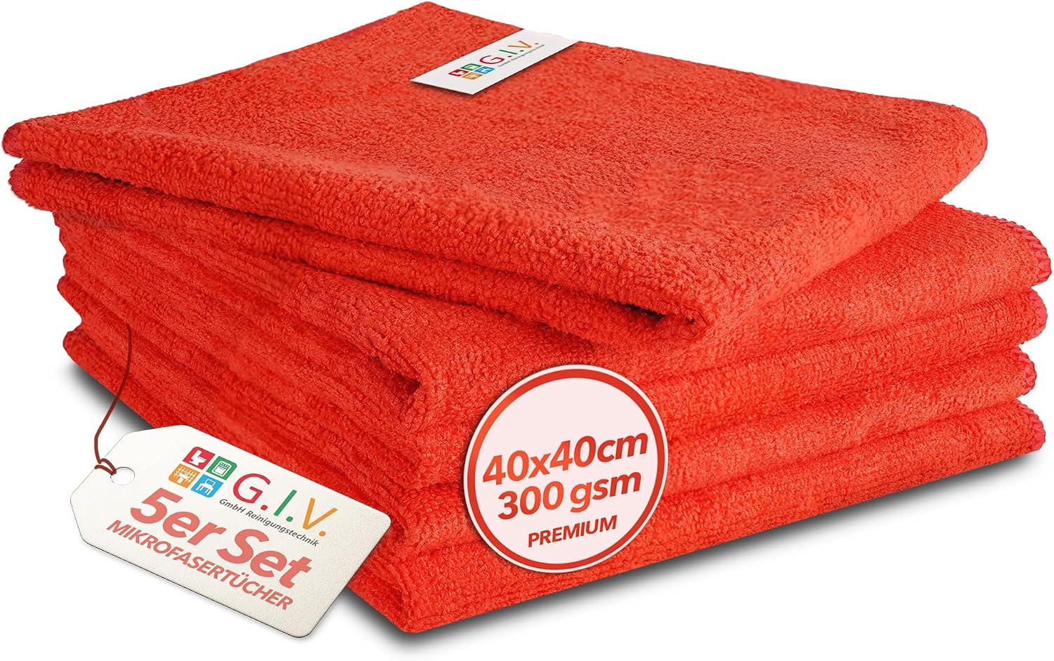 G.I.V. Pack of 5 Premium Microfibre Cloths Red 40 x 40 cm 300 gsm - Cleaning Cloths Hygienic Lint-Free & Absorbent - Red Cleaning Cloths Ideal for Toilet and Urinal - 4-Colour System - Cloths for Household and Industry