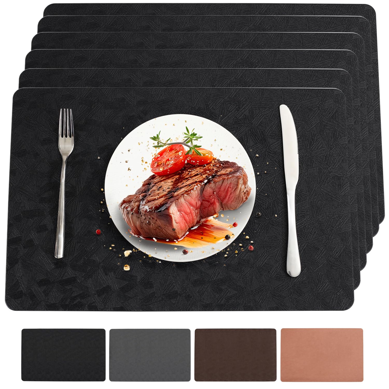 Vinyl Placemats Set of 6 Heat Resistant Easy Clean Non-Slip Place Mats for Dining Table. Faux Leather Waterproof Stain Resistant Wipeable Washable PVC Table Mats(6, Black)
