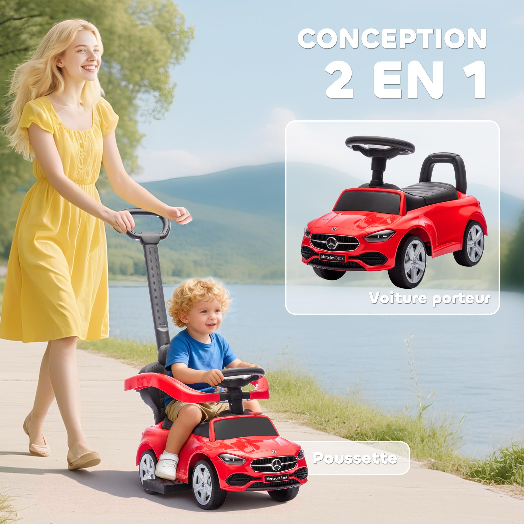 AIYAPLAY Portabebés Mercedes-Benz con Licencia, portabebés 2 en 1 con asa extraíble, pasamanos, Espacio para Guardar Cosas, claxon y Volante, para niños de 18 a 36 Meses, Rojo