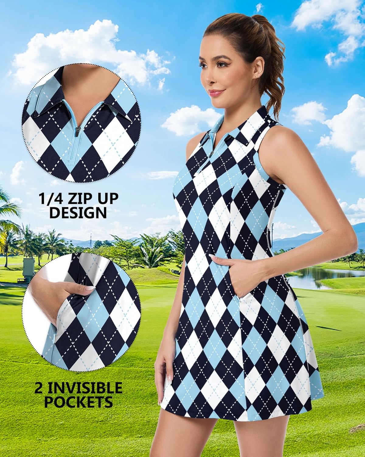 WOWENY Golf Dresses for Women Sleeveless Tennis Dress with Shorts and Pockets Zip Up Athletic Workout Dress - Image 4