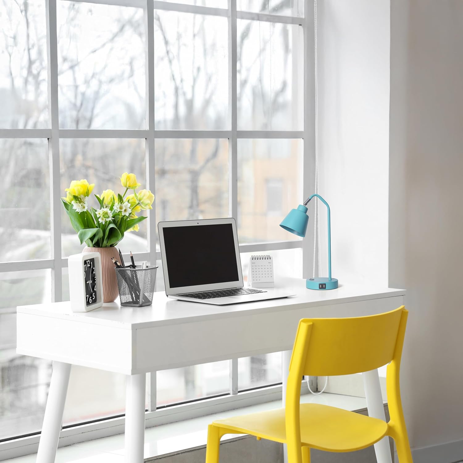 Simple Designs LD1071-CYN 16" Sleek Essentials Adjustable Metal Desk Task Lamp with Dual USB Ports, for Office, Desk, Nightstand, Dorm, Cyan Blue