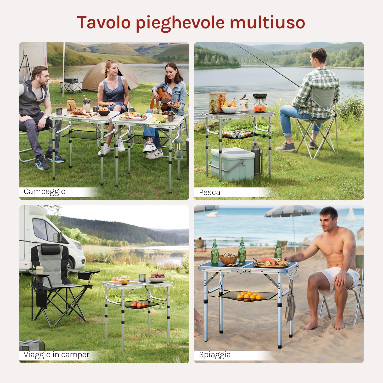 WOLTU Tavolino Pieghevole Regolabile in Altezza 25/36/50/60 cm, Tavolo da Esterno con Ripiano in Rete Metallica, Piano in MDF 60x40 cm, Telaio in Metallo, per Campeggio, Barbecue, Giardino,Bianco