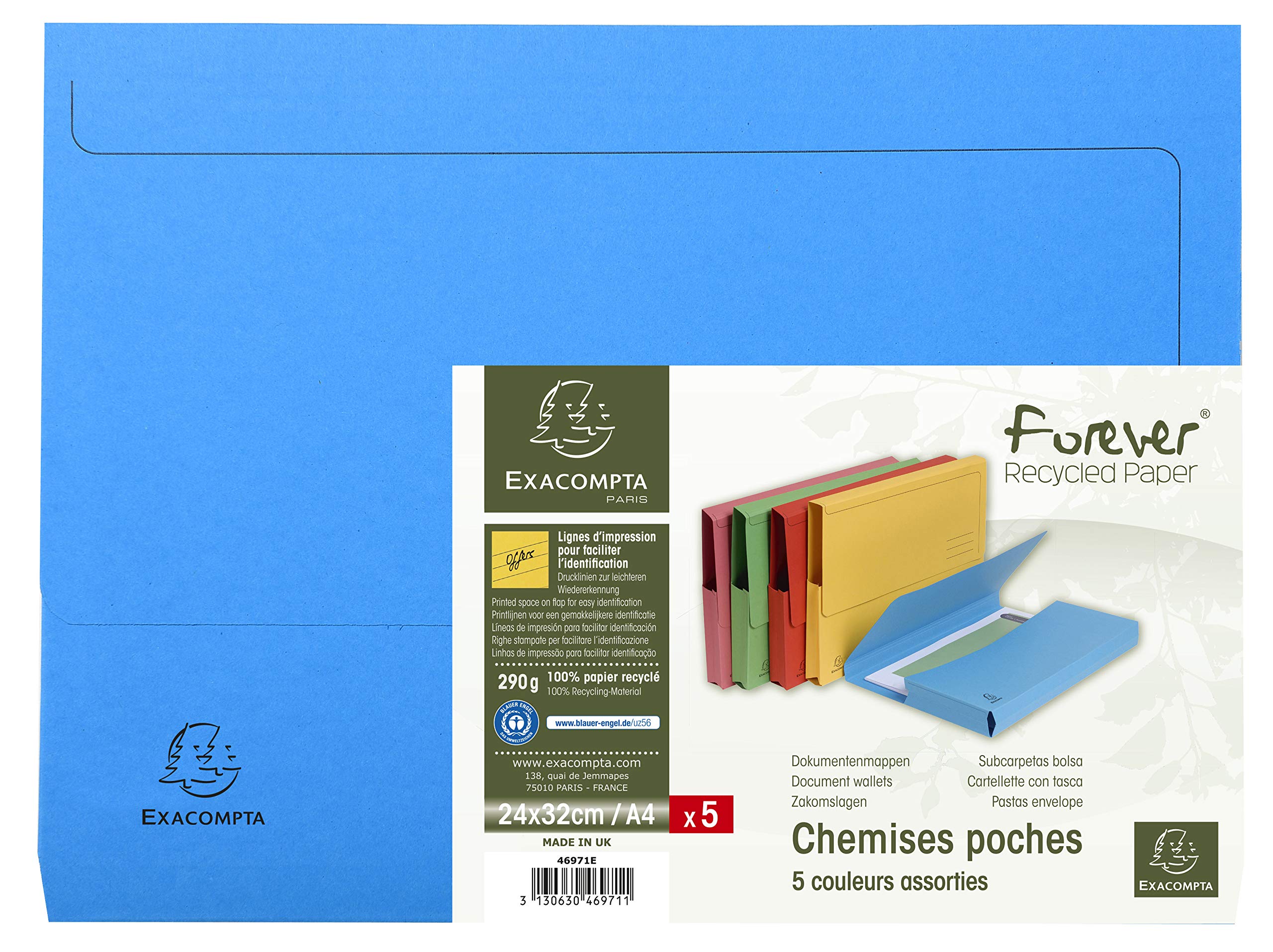 Exacompta - Ref 46971E - Forever Collection - Document Wallets (Pack of 5) - 240 x 320mm in Size, Suitable for A4 Documents, 290gsm Premium Pressboard - Assorted Colours