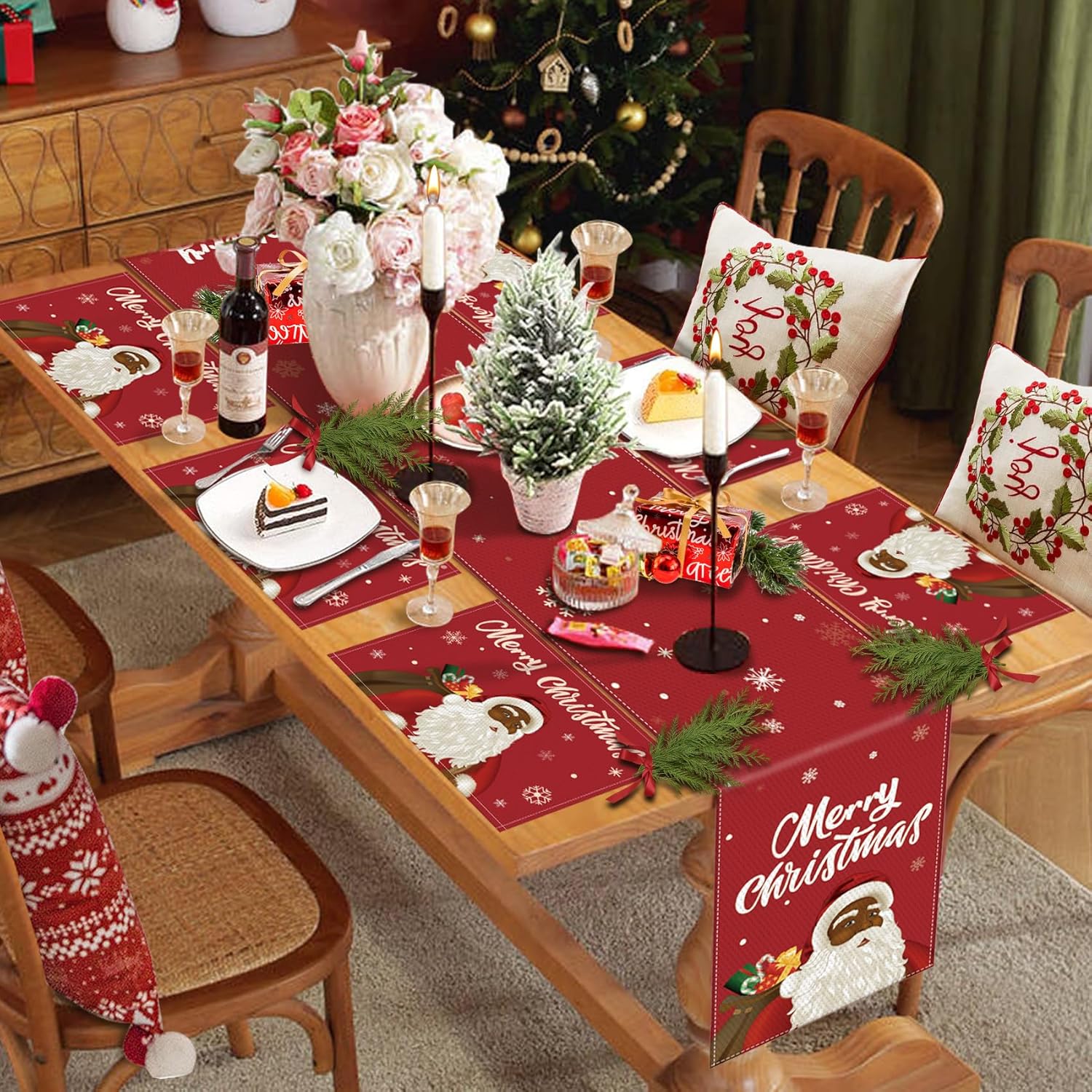 Kopinma 7PCs Christmas Table Runner Set, Long Table Runner and Placemats Set of 6