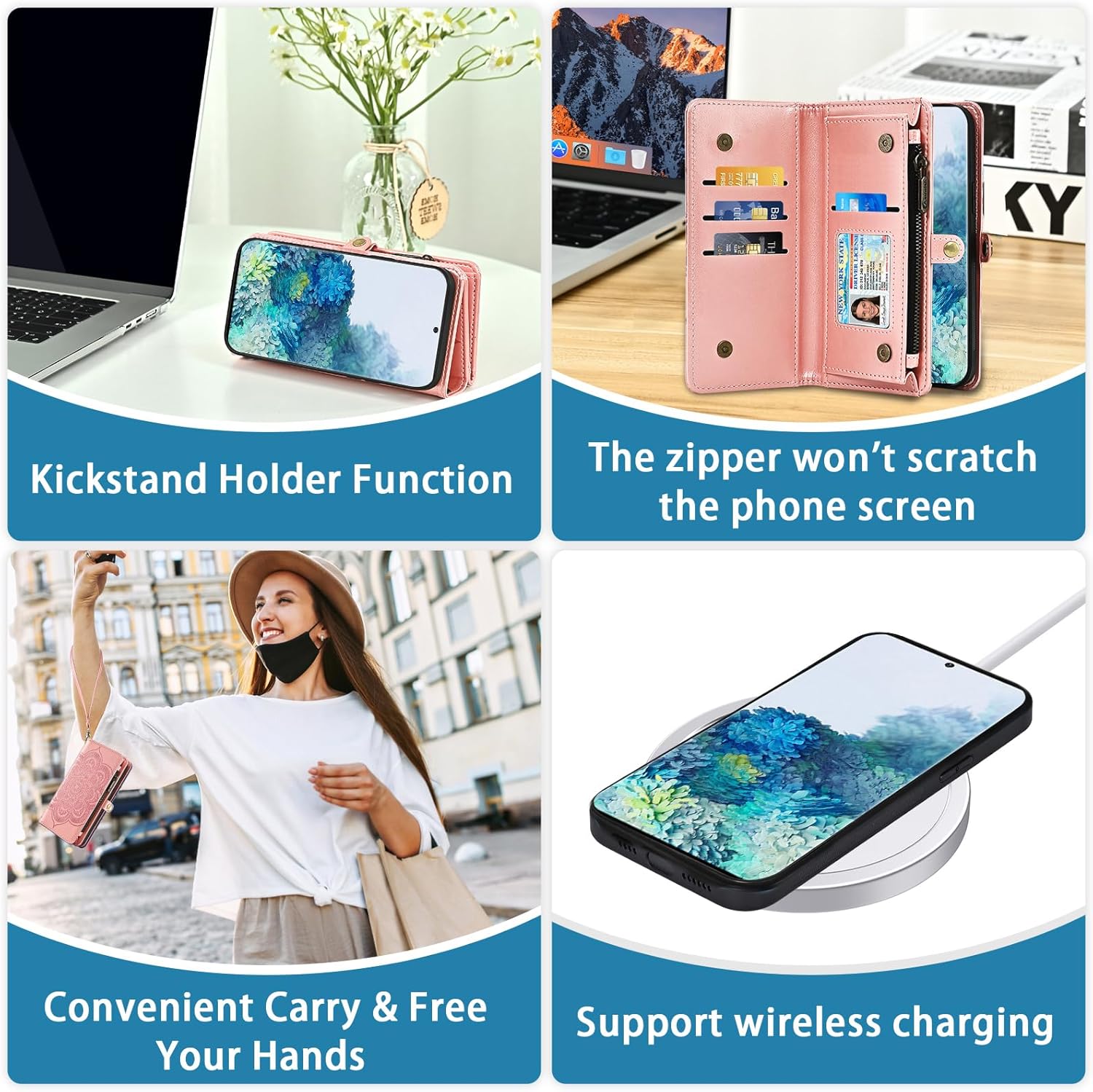 Asuwish Phone Case for Samsung Galaxy S20 5G 6.2 inch Zipper Wallet Detachable Cell Cover with Tempered Glass Screen Protector Strap Mandala Flower Card Holder S 20 20S UW S2O G5 Women Girls Rose Gold