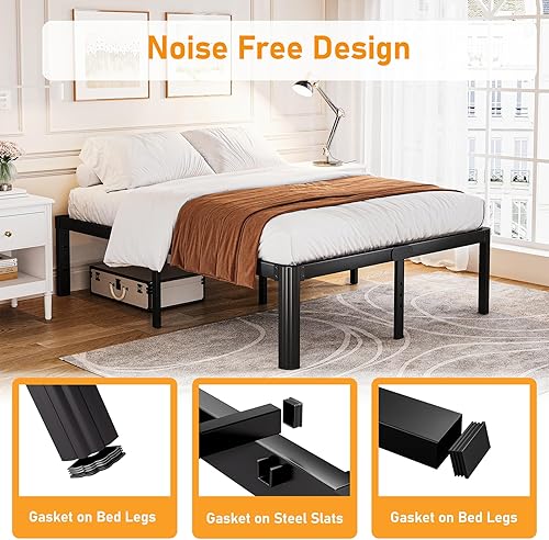 Miniatura 5 de Askeld Base de cama tamaño King, plataforma de metal de 18 pulgadas de alto con patas de esquina redonda, no necesita somier, base de cama