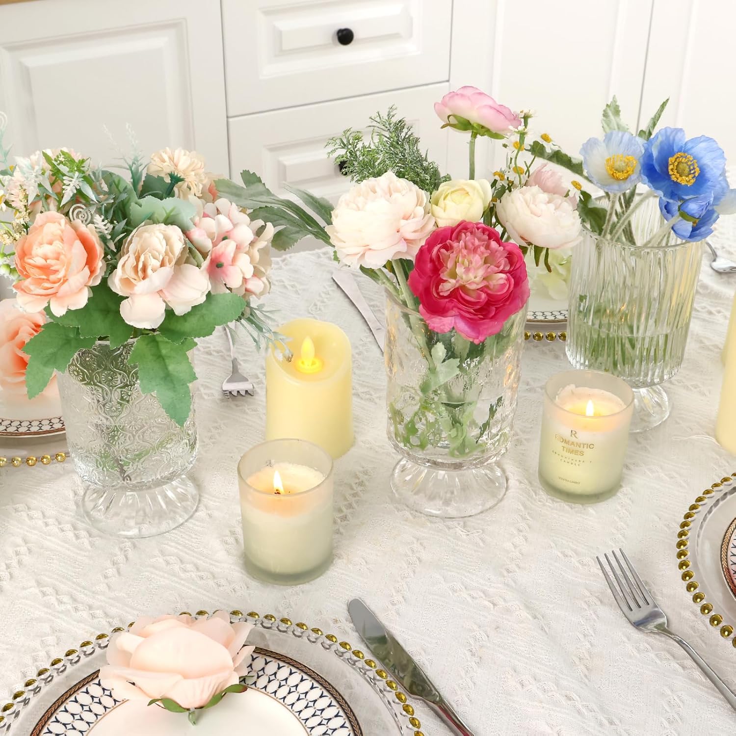 Set of 3 Clear Embossed Glass Vases for Wedding Centerpieces