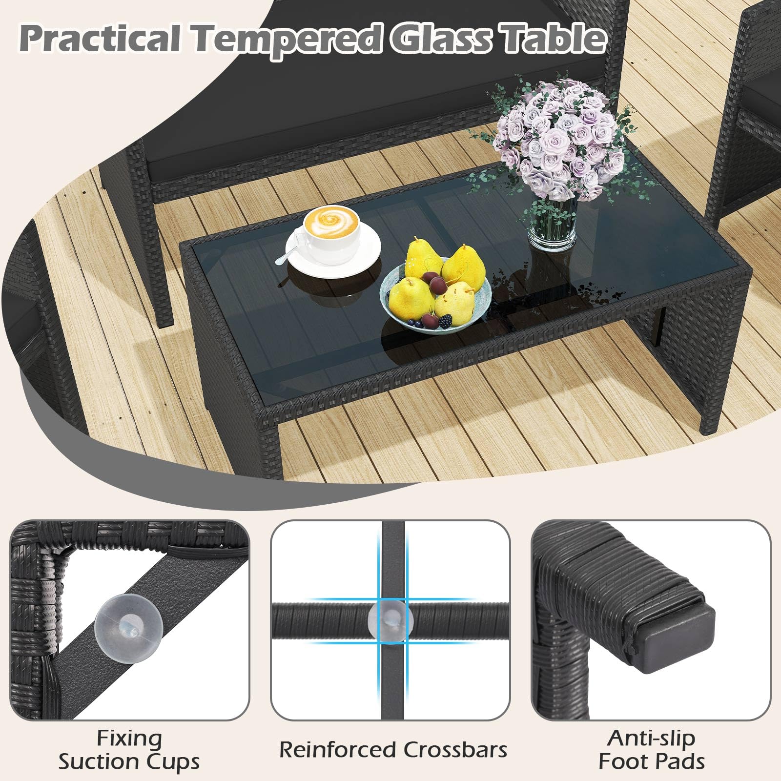 GIANTEX Set Salotto Esterno 4 Pezzi in Rattan PE, Divano 2 Posti + 2 Poltrone + Tavolo Basso con Piano in Vetro, Arredamento da Giardino per Terrazza e Patio, Nero