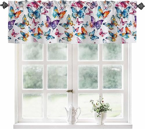 Miniatura 23 de Cortinas de cenefa para ventanas, cenefa de cortina semitransparente con estampado de flores hippie y ondas de arco iris, cenefa de ventana de
