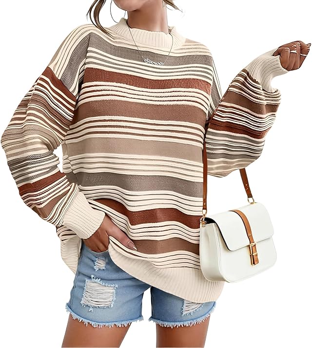 TOPYOGAS Womens Contrast Striped Pullover Sweaters Oversized Crewneck Long Sleeve Winter Pullover Sweaters Tops