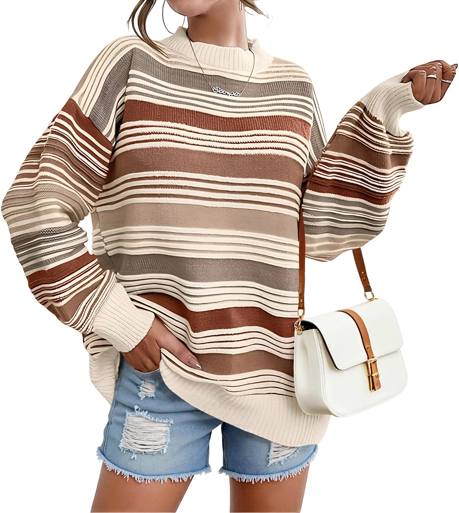 TOPYOGAS Womens Contrast Striped Pullover Sweaters Oversized Crewneck Long Sleeve Winter Pullover Sweaters Tops