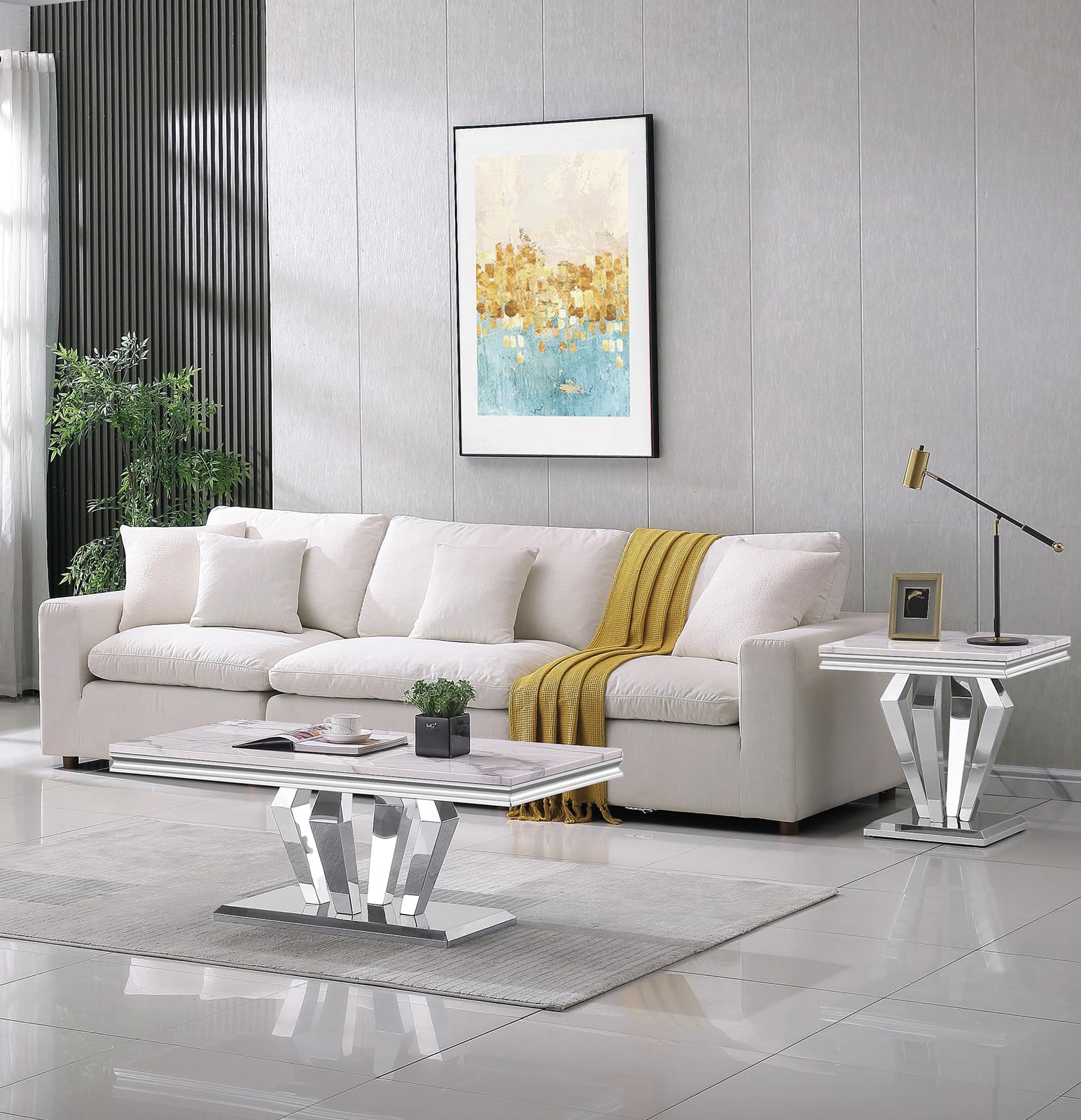 Faux Marble Coffee Pieces Coffee Table Set, Faux Marble Living