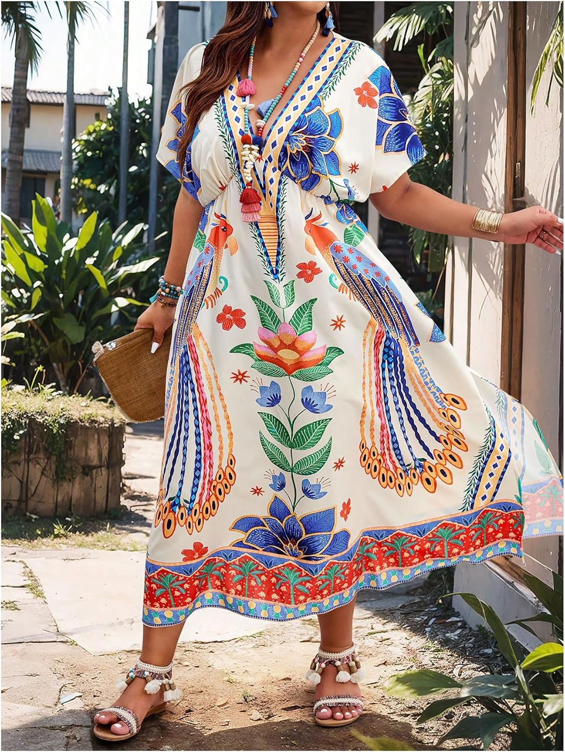 Floerns Women's Plus Size Tribal Print Dolman Sleeve Slit Summer Maxi A Line Dress - Image 2