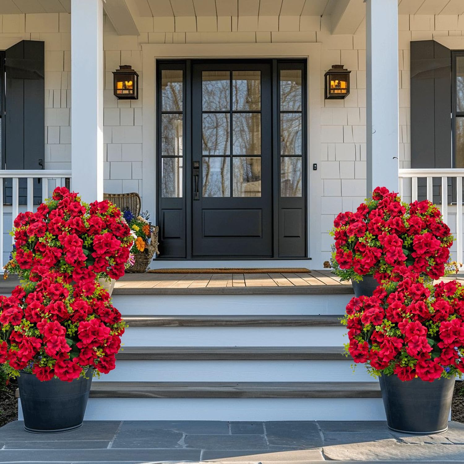 Artificial Geranium Flowers for Outdoor Decoration, 6 Bundles UV Resistant Silk Geranium Fake Plants Faux Flowers for Front Porch Garden Patio Window Box Outside Indoor Decor (Red)