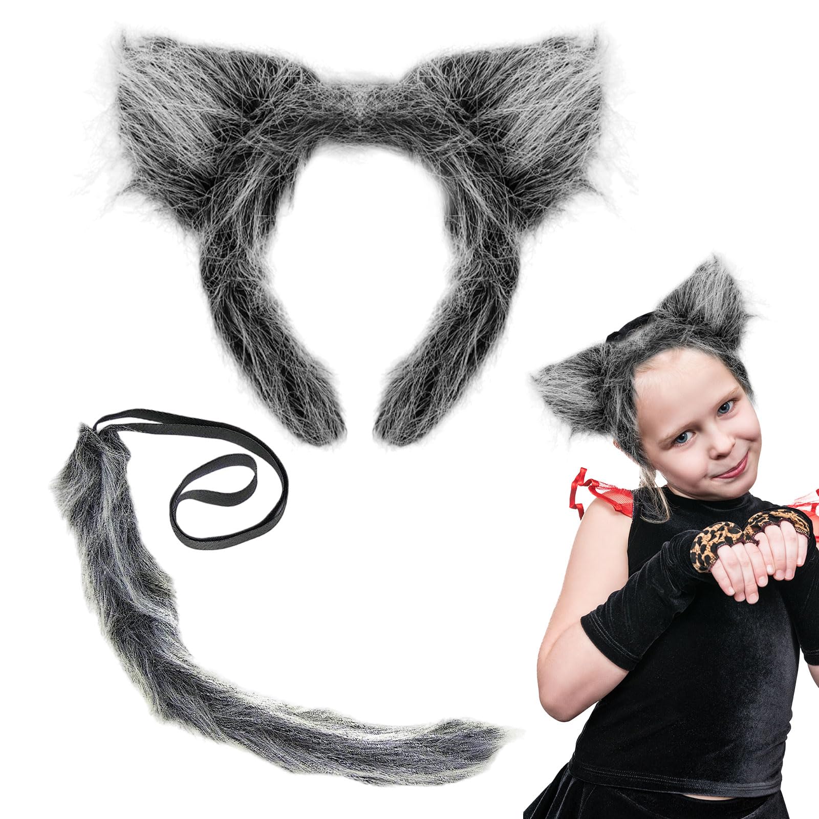 UILYNIU 2 Piezas Accesorios Disfraz de Lobo Orejas de Lobo Gris Cola de Lobo Disfraz de Halloween Niños Adultos Hombre Lobo Cosplay Disfraz Peludo Lobo Disfraz de Animal para Fiesta Halloween