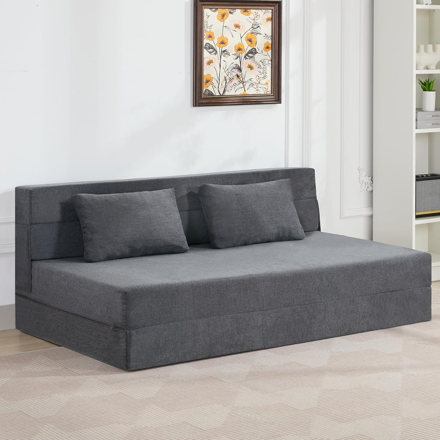 Folding Sofa Bed Convertible Floor Couch Foldable Chair Bed with Pillow，Linen Sleeper Chair Futon,Foldable Memory Foam Mattress for Bedroom/Living Room/Dorm/Office (Beige, Standard)