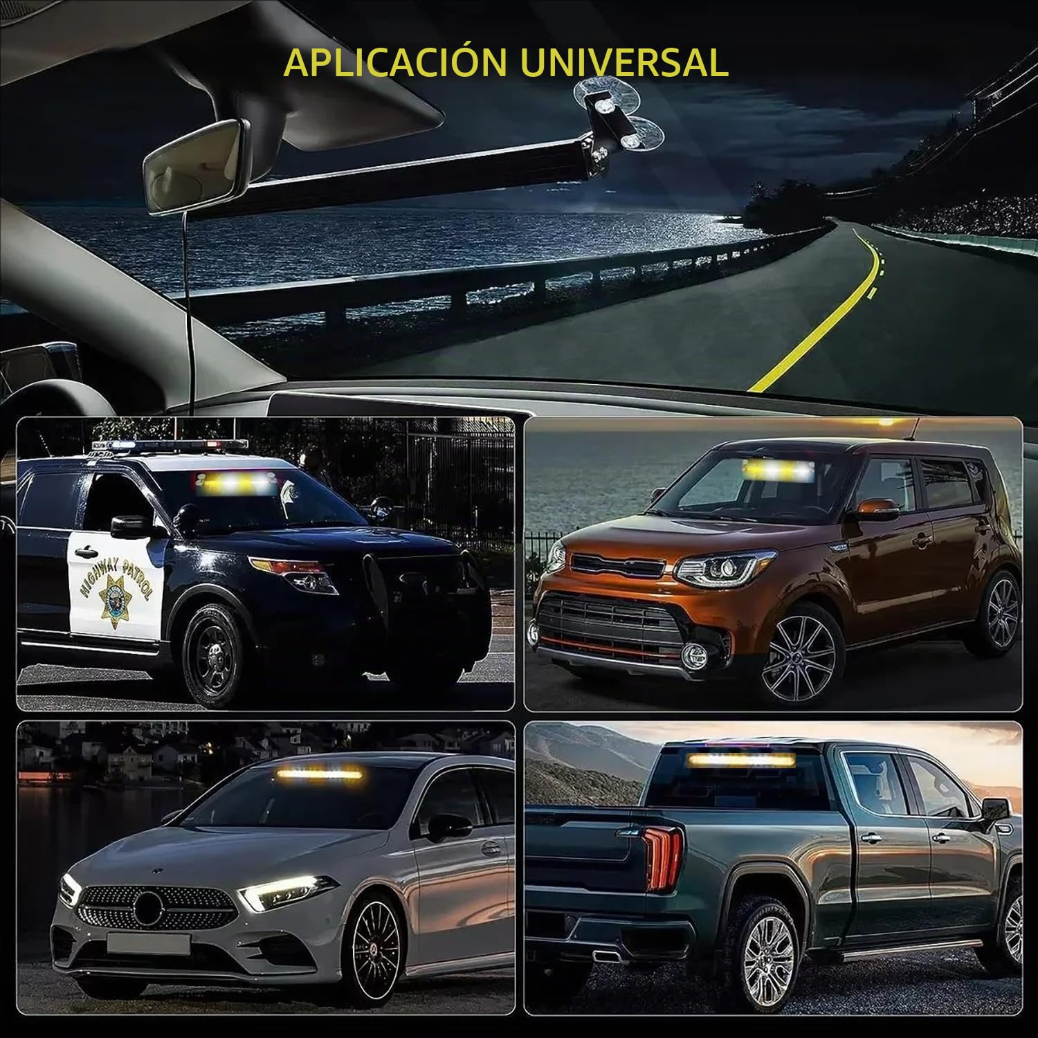 Luces Estroboscopicas Coche,Luces De Ventosa para Coche,Tira De Luz Estroboscópica,Ip67,23 Modos De Flash,Cable De Alimentación De 4,5 m,Blanco y Amarillo,para Coches,Camiones, Tractores,Etc.
