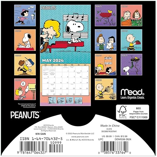 Miniatura 3 de Mini calendario mensual de pared 2024 Peanuts, 7 x 7 pulgadas (DDM0082824)