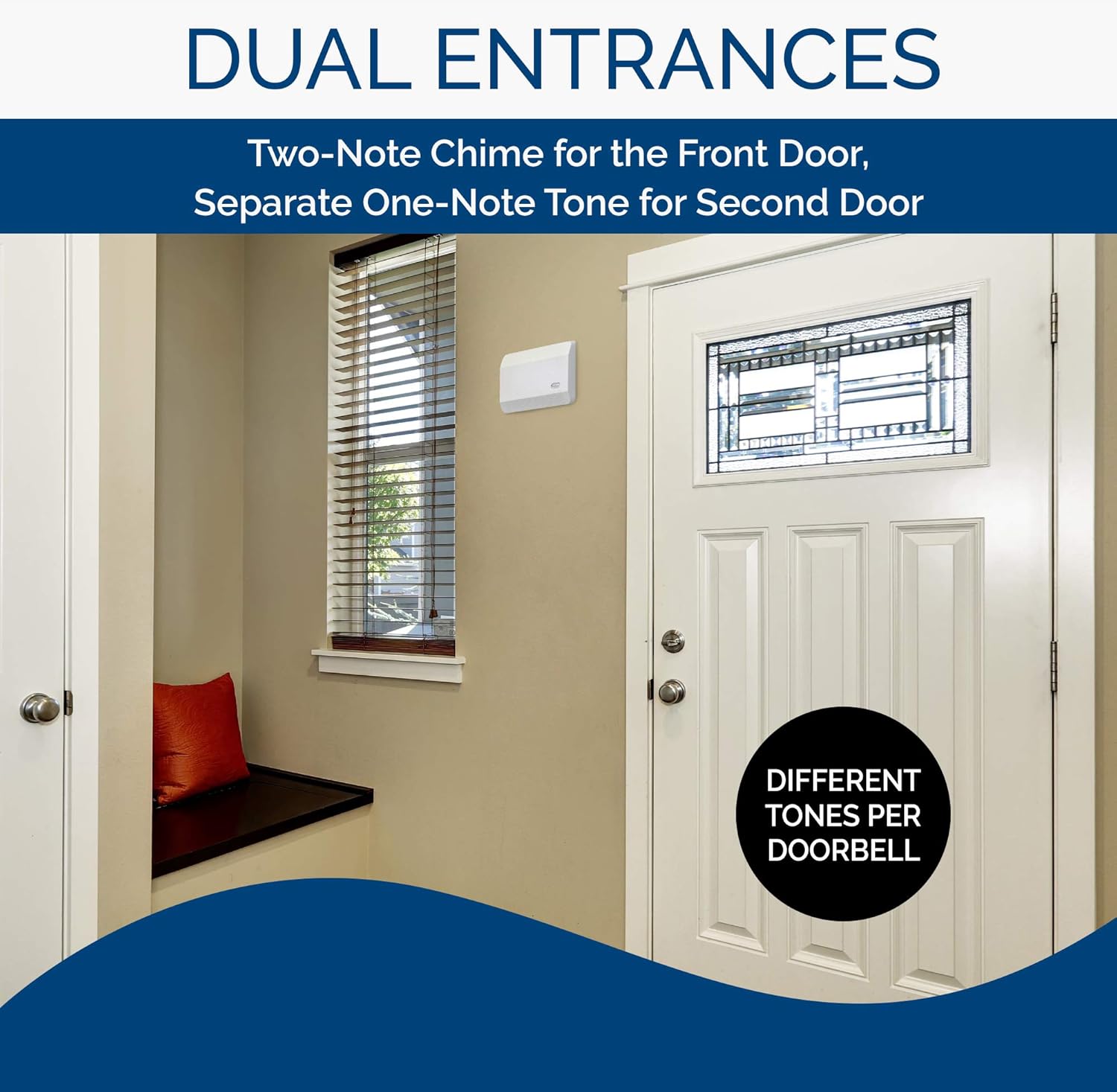Broan-NuTone LA11WH Door Chime in an entryway, with text indicating dual entrances and different tones.