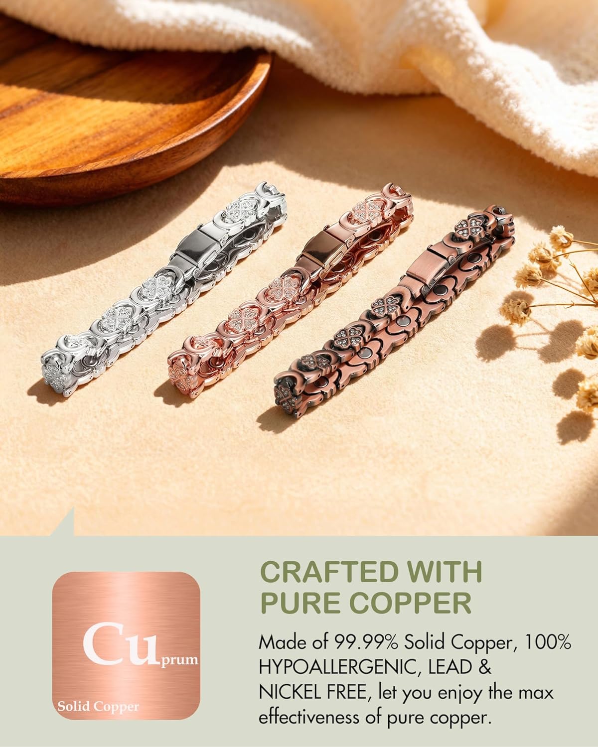 Feraco Pure Copper Bracelets for Women, Ultra Strength Magnetic Bracelet for Women with 3800 Gauss Magnet & Sparkling Cubic Zirconia, Flower Jewelry Gift, Infinite Symbol - Image 2