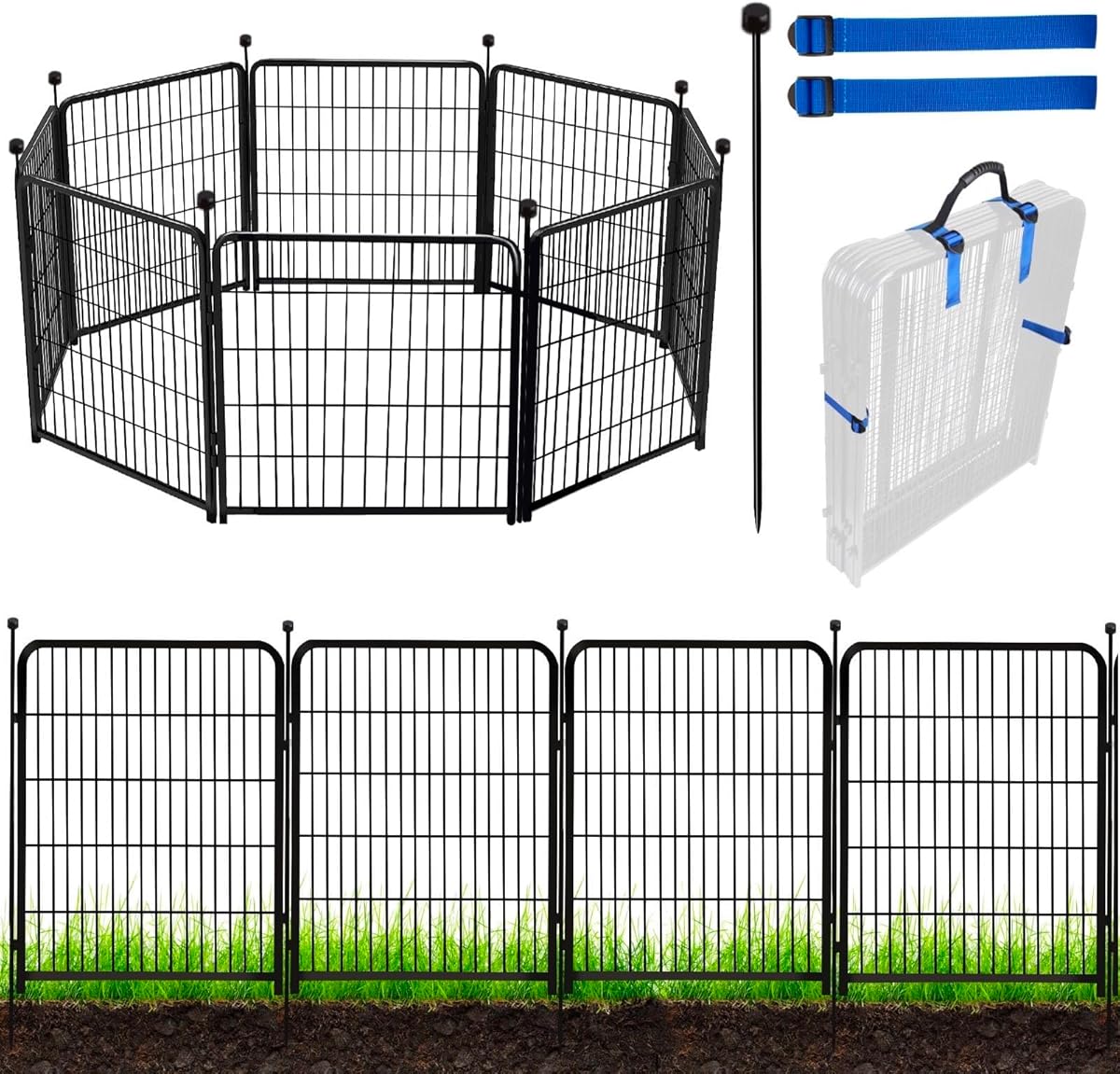 ADAVIN 48 in(H) Garden Fence Panels, 8 Panels Total 17.7 Ft(L), Heavy Duty Iron Metal Animal Barrier Fence, Fencing for Flowers Beds, Camping Fence, No Dig Garden Border Fencing for Yard（No Gate）