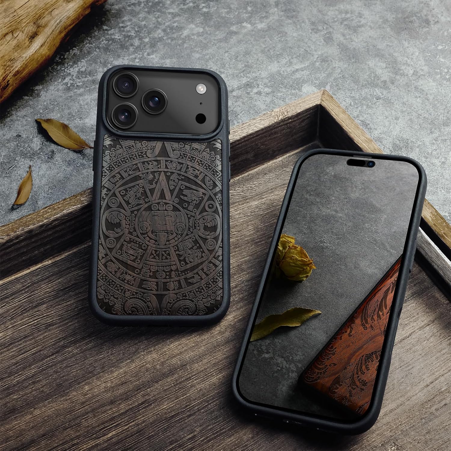 Carveit Magnetic Wooden Case for iPhone 17 Pro Max Case, Wood Artisan Engraved & Black Soft TPU Shockproof Cover, Compatible with MagSafe Wireless Chargers (The Maya Calendar) Blackwood