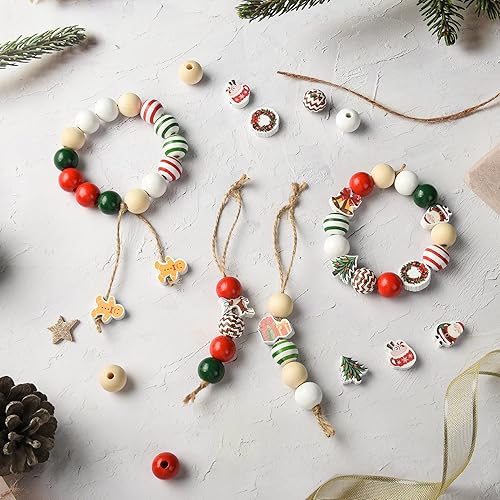 Miniatura 7 de 240 cuentas de madera de Navidad, cuentas de madera de color rojo y verde, muñeco de nieve, pan de jengibre, Papá Noel, ciervo, cuentas para