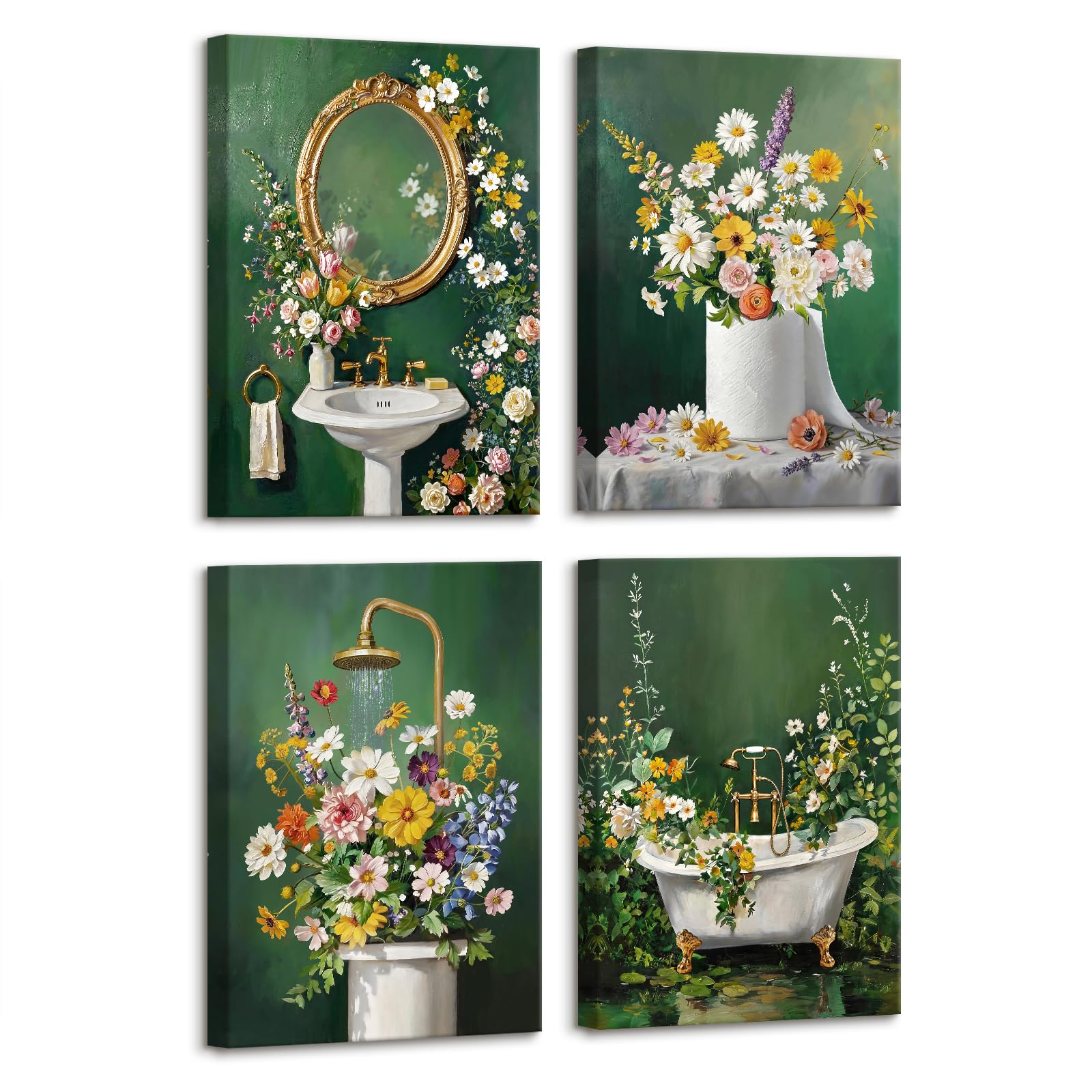 4Pcs Stampa su tela Con Cornice Bagno in Stile Botanico Verde Pittura Foglie di Fiori Selvatici Verde Quadri su tela Poster da parete Quadretti Quadri Moderni Lavabo WC Vasca da Bagno 30x40cm x4