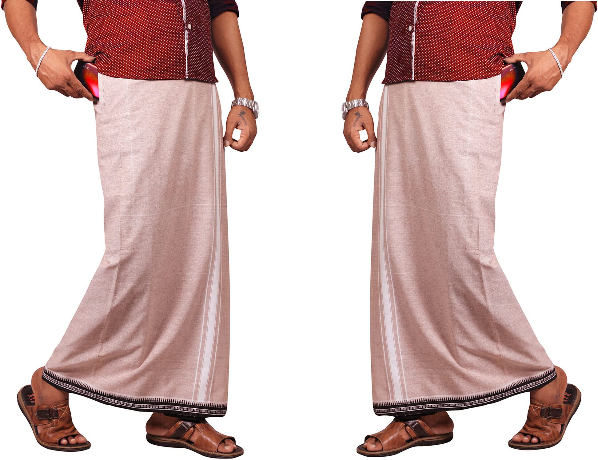 Prakasam Cotton Mens Kerala Thalapathi Border 2Way Pocket (Right &Left Side) Flexi Size (Adjustable)/(Small, Sandal)
