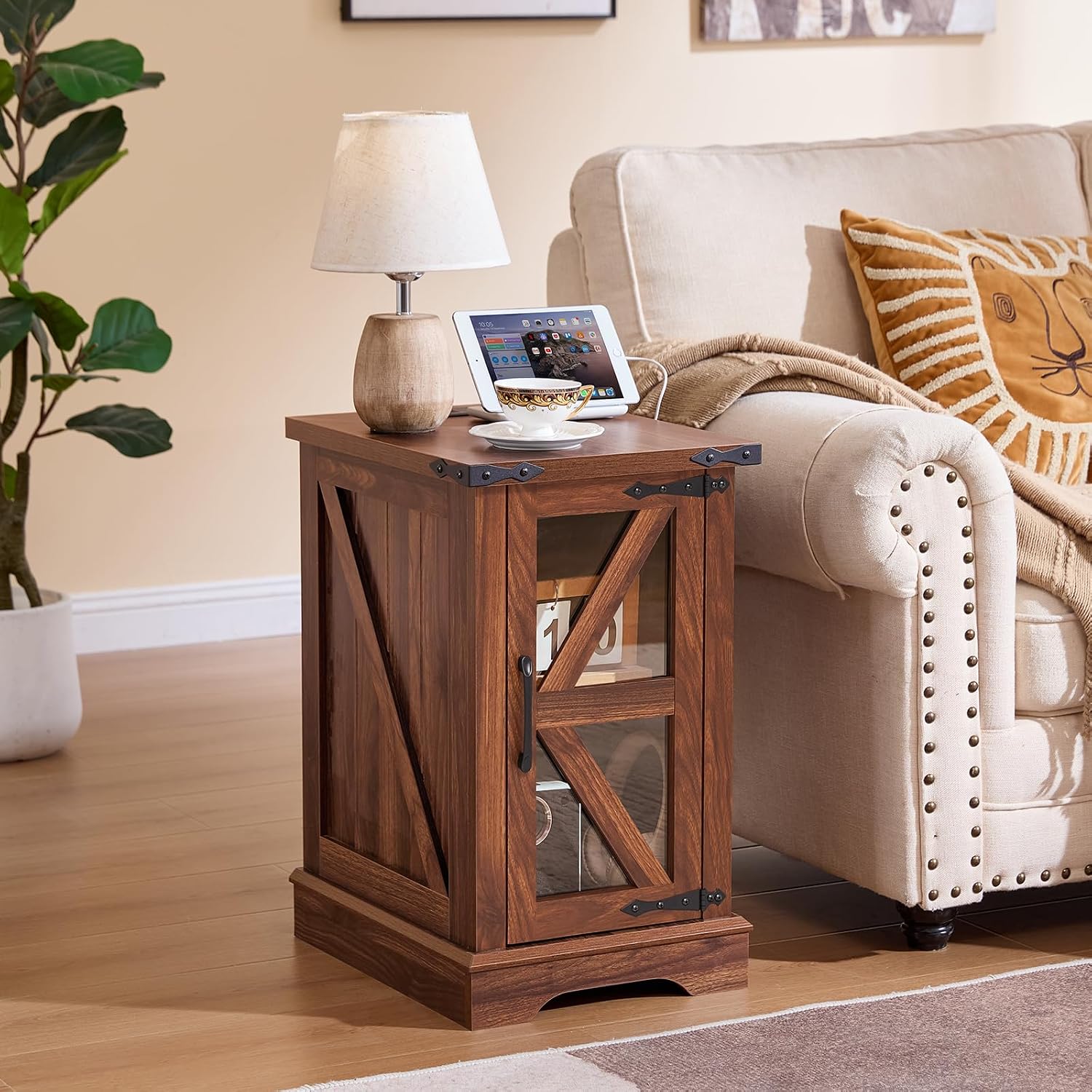 Joaxswe Coffee Table Sets 3, Farmhouse Side Table with Charging Station and Glass Barn Door Storage, Large Coffee Tables with Hidden Storage Organizer, Wood Furniture Sets for Living Room, Office