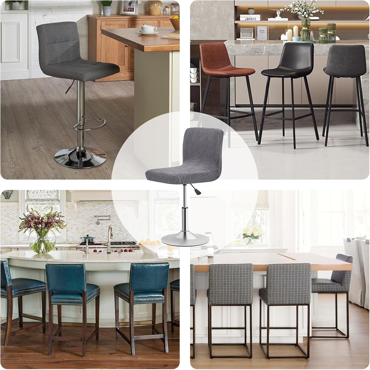 Gollense Stretch Bar Stool Covers with Backs, 4 Pack Water Resistant Jacquard Pub Counter Dining Chair Covers, Square Swivel Barstool Seat Slipcover with Elastic Bottom (Dark Grey)
