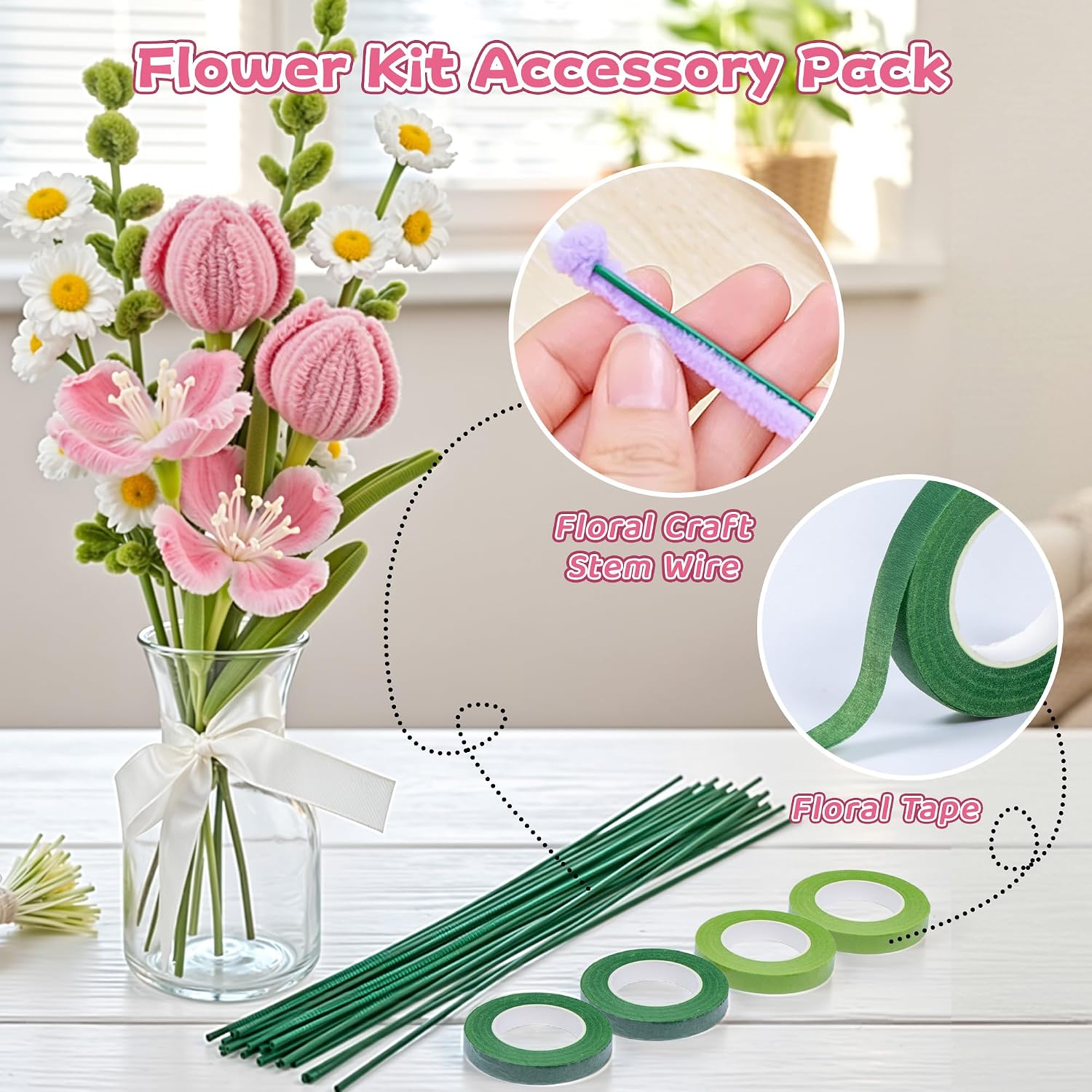 POMBUDS Pipe Cleaners Flower Accessory kit (only Accessory), Floral stem Wire, Tape, Artificial Flower Stamens,Suit for Pipe Cleaners Flowers Kit (Pipe Cleaners not Included)