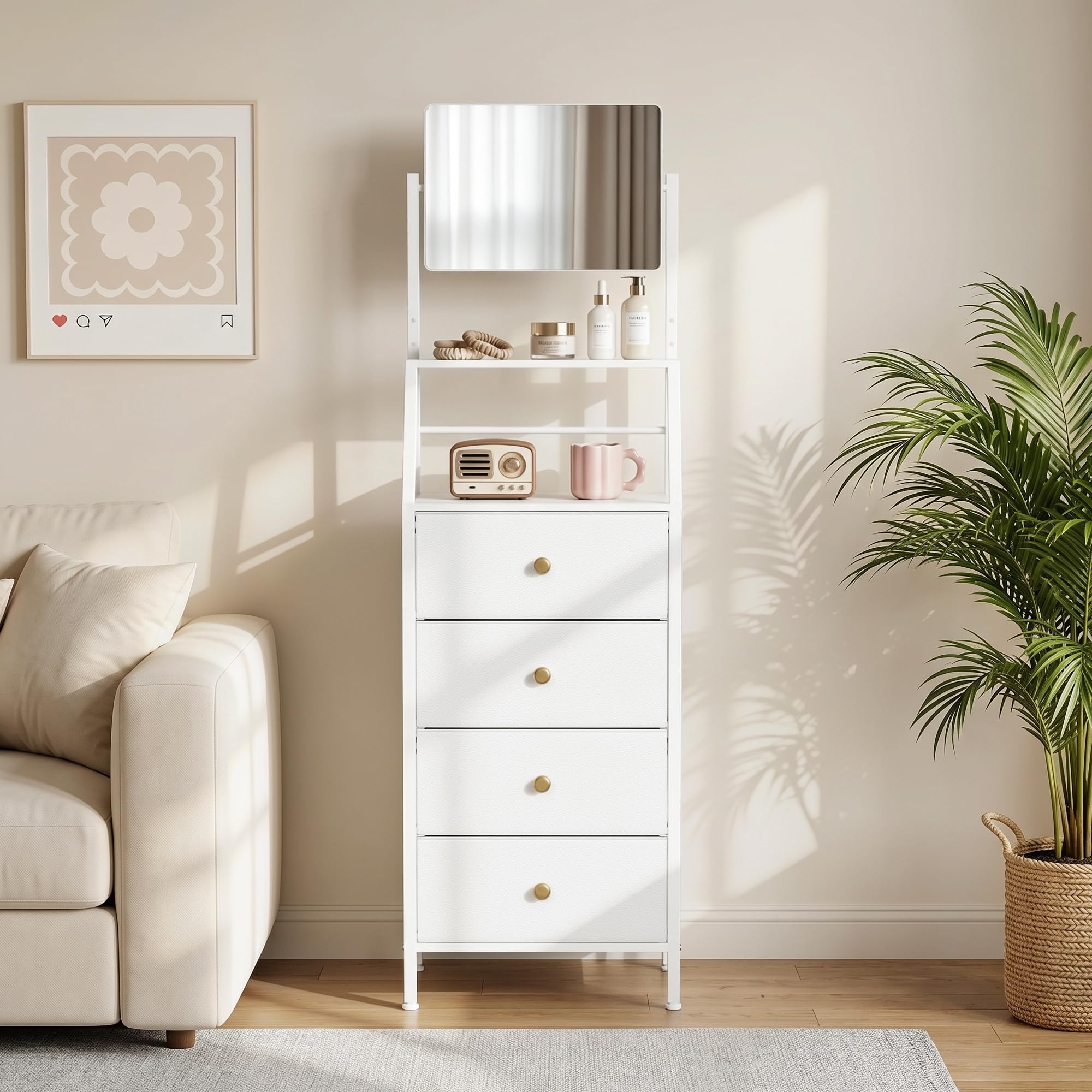 Commode Chambre 4 Tiroirs Tissu Commode Haut avec Miroir, Blanc | Meuble de Rangement Tissu, Miroir Réglable, 39 x 28 x 148 cm, Chiffonier pour Chambre/Entrée/Couloir/Salon