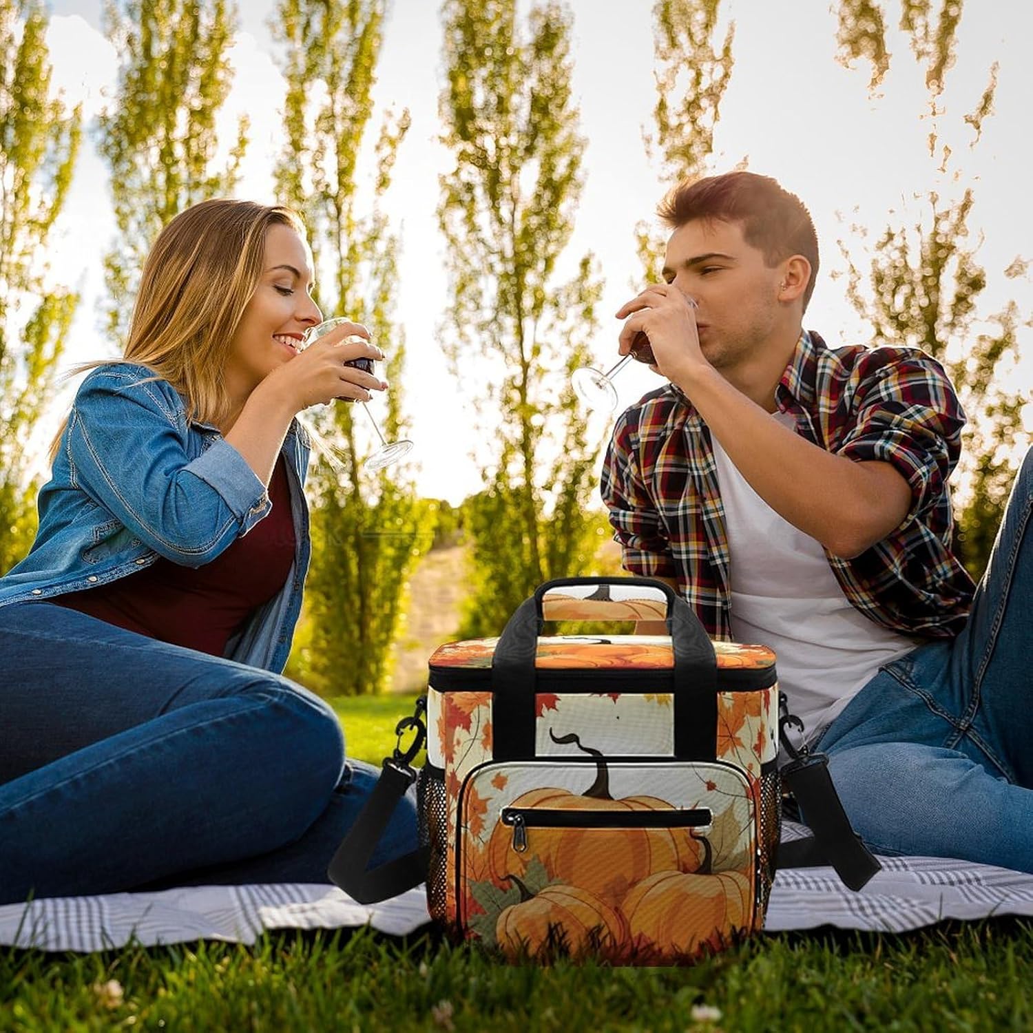 Autumn Pumpkin Maple Leaves Cooler Bag Portable Insulated Lunch Bags Leakproof Ice Chest Large Capacity Soft Cooler Tote for Picnic Camping Work Travel Keep Food Drinks Fresh 22.5L