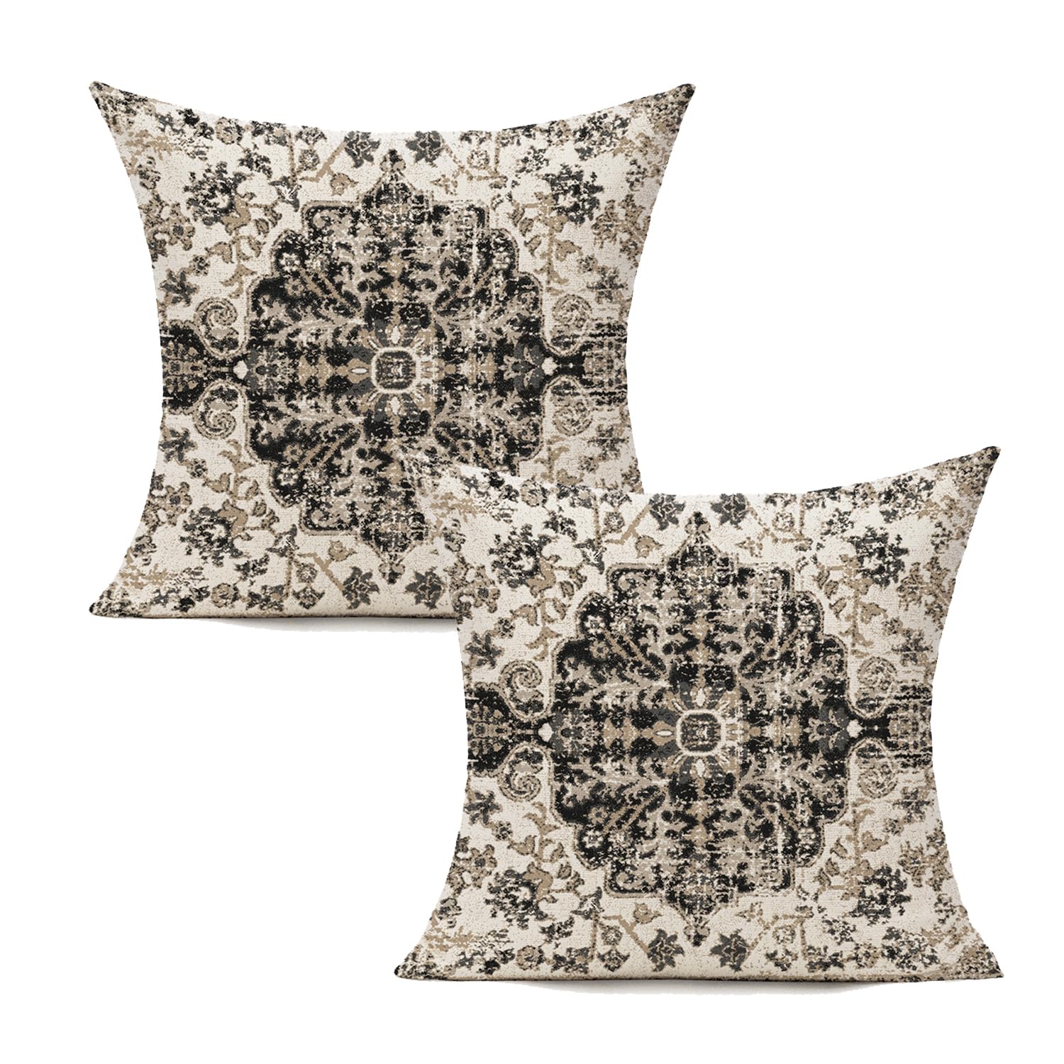VAKADO Outdoor Black Throw Pillow Covers 18x18 Set of 2 Boho Decorative Spring Couch Farmhouse Gray Bohemian Carpet Floral Home Decor for Living Room