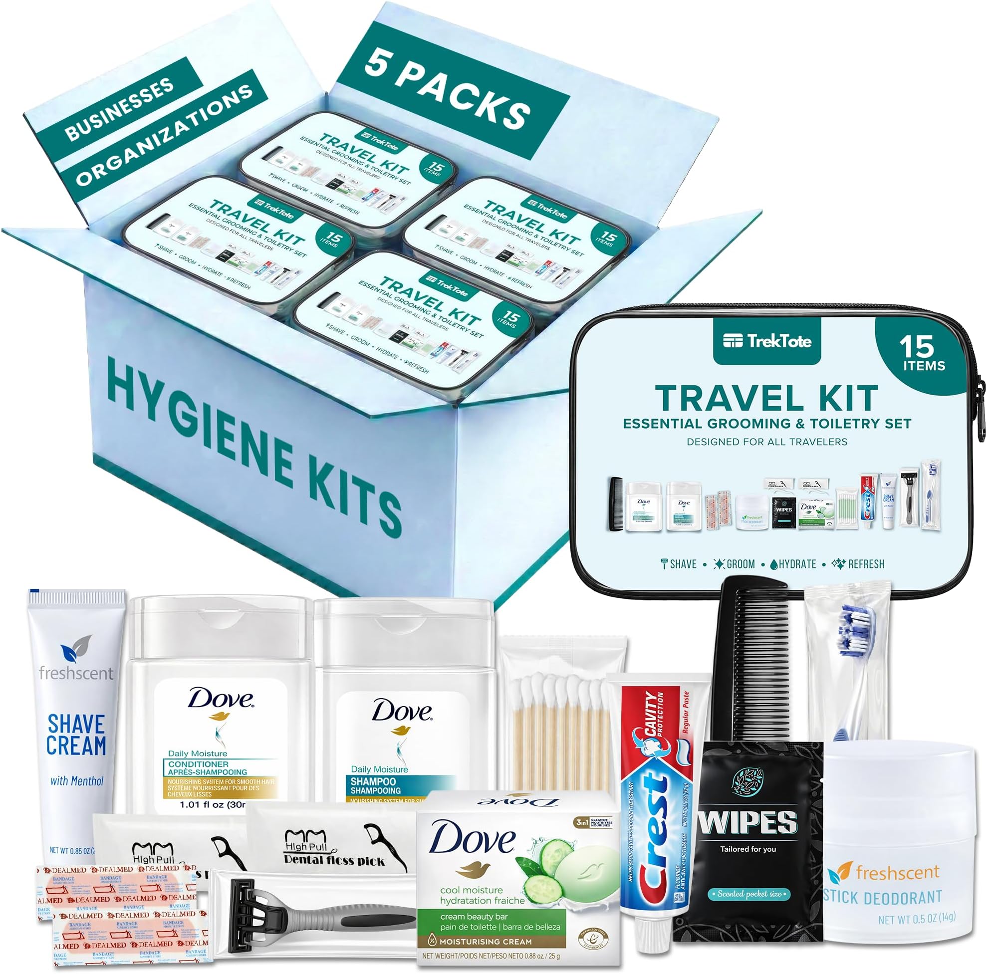 Complete 15 Piece Unisex Travel Hygiene Kit with Toiletries & Personal Care Essentials, TSA-Compliant, Individually Packaged in Clear Bag, Single or Bulk Packs (5 Pack)