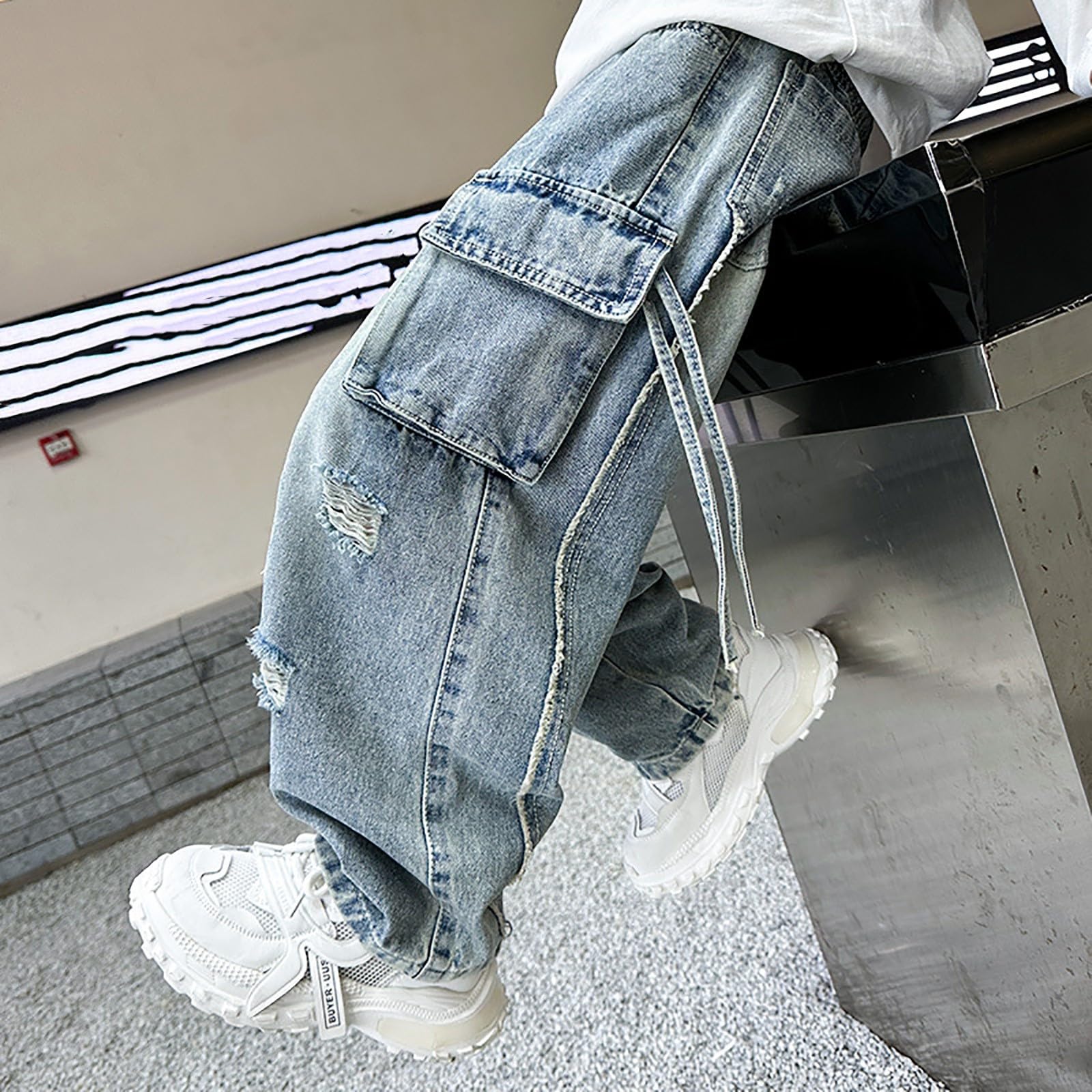 Pantaloni Baggy Ragazzo Cargo - Jeans Bambino, vestibilità Larga, con Tasche Resistenti, Pantaloni Tuta Ragazzo Hip Hop Streetwear, per Adolescenti, Resistenti E Comodi