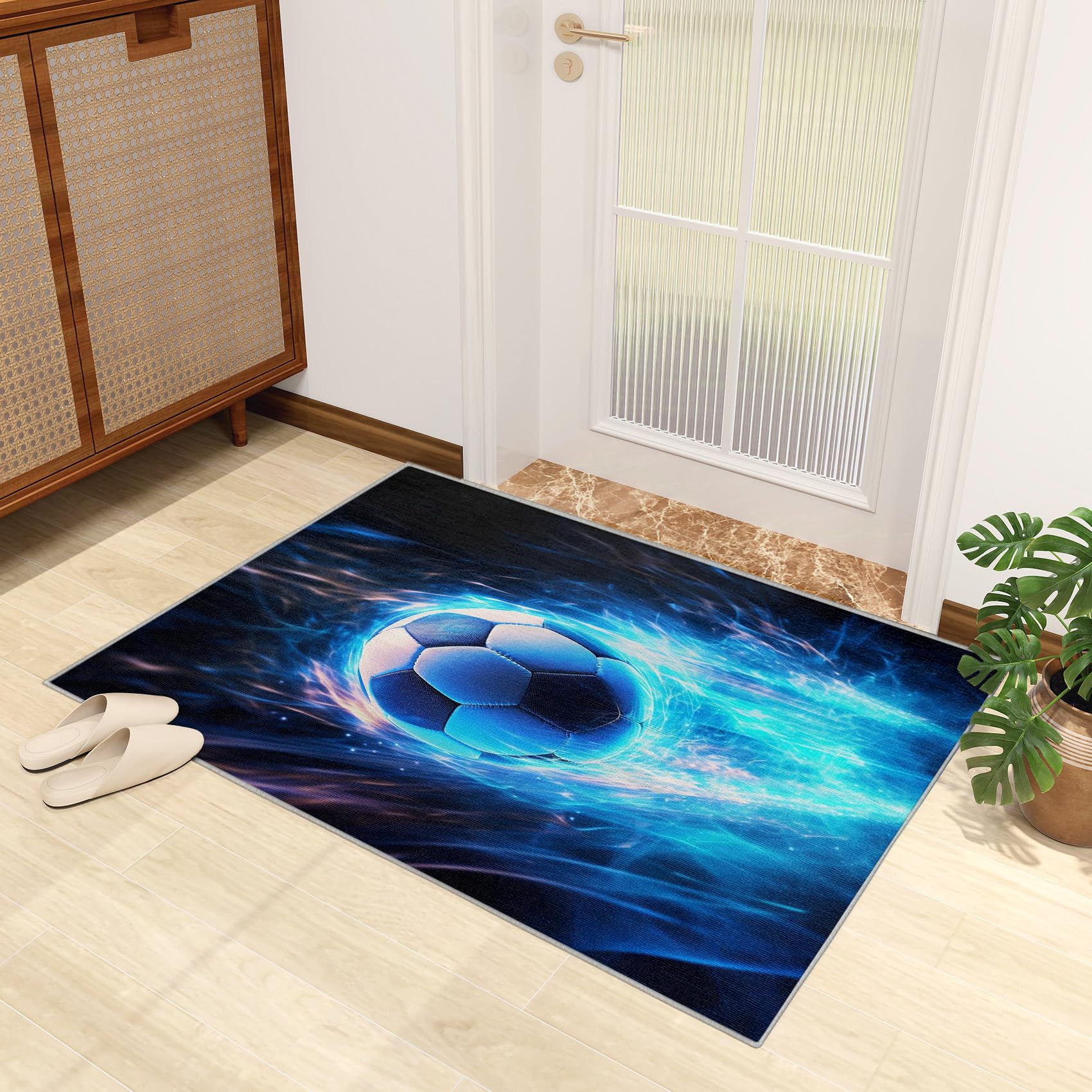 Teppich Fußball Kinderzimmer - Teppich Wohnzimmer Schlafzimmer Jungen Sportmotiv, Kleiner Teppich Kinder Fussball, Weich Kurzflor & Waschbar & Rutschfest Fussmatte Innen, Kinderteppich 80x150 cm