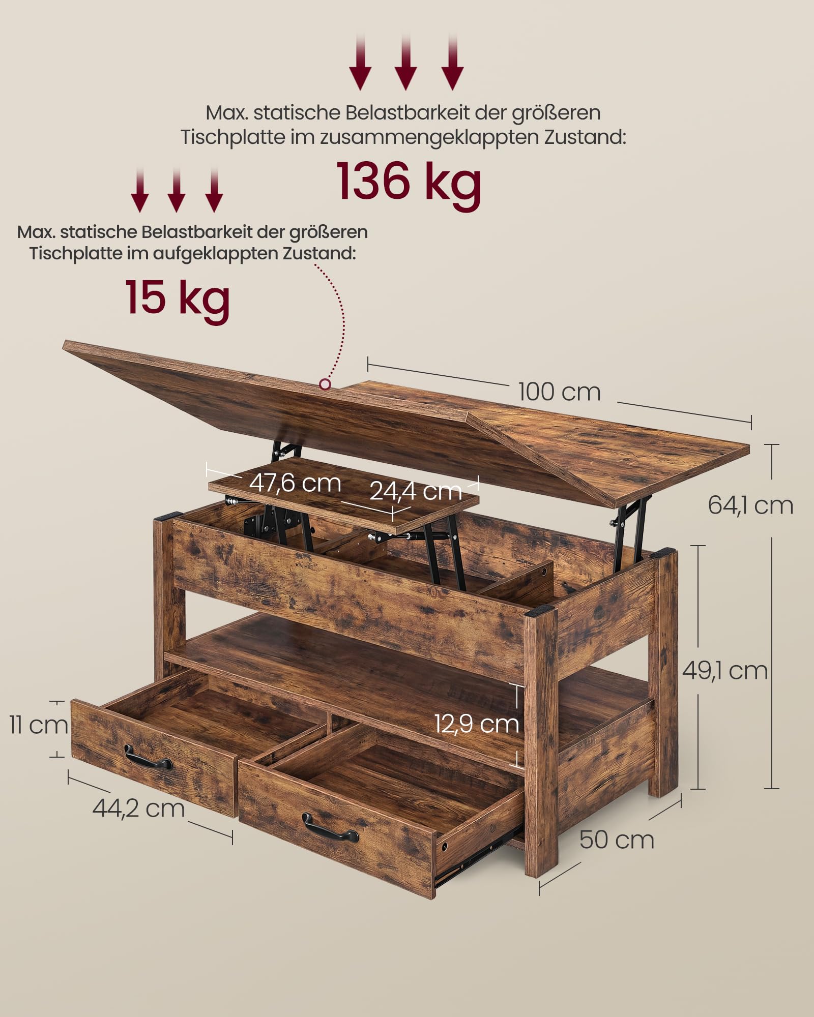 VASAGLE Couchtisch, höhenverstellbarer Wohnzimmertisch, Gaszylinder, 2 Schubladen und 3 Fächer unter der Tischplatte, Kaffeetisch, 1 offenes Fach, für Wohnzimmer, Homeoffice, vintagebraun LCT254K201