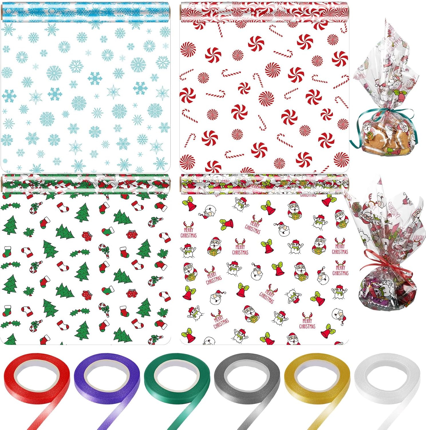 Cholemy 4 Pcs Christmas Cellophane Wrap Roll with 6 Pcs 32.