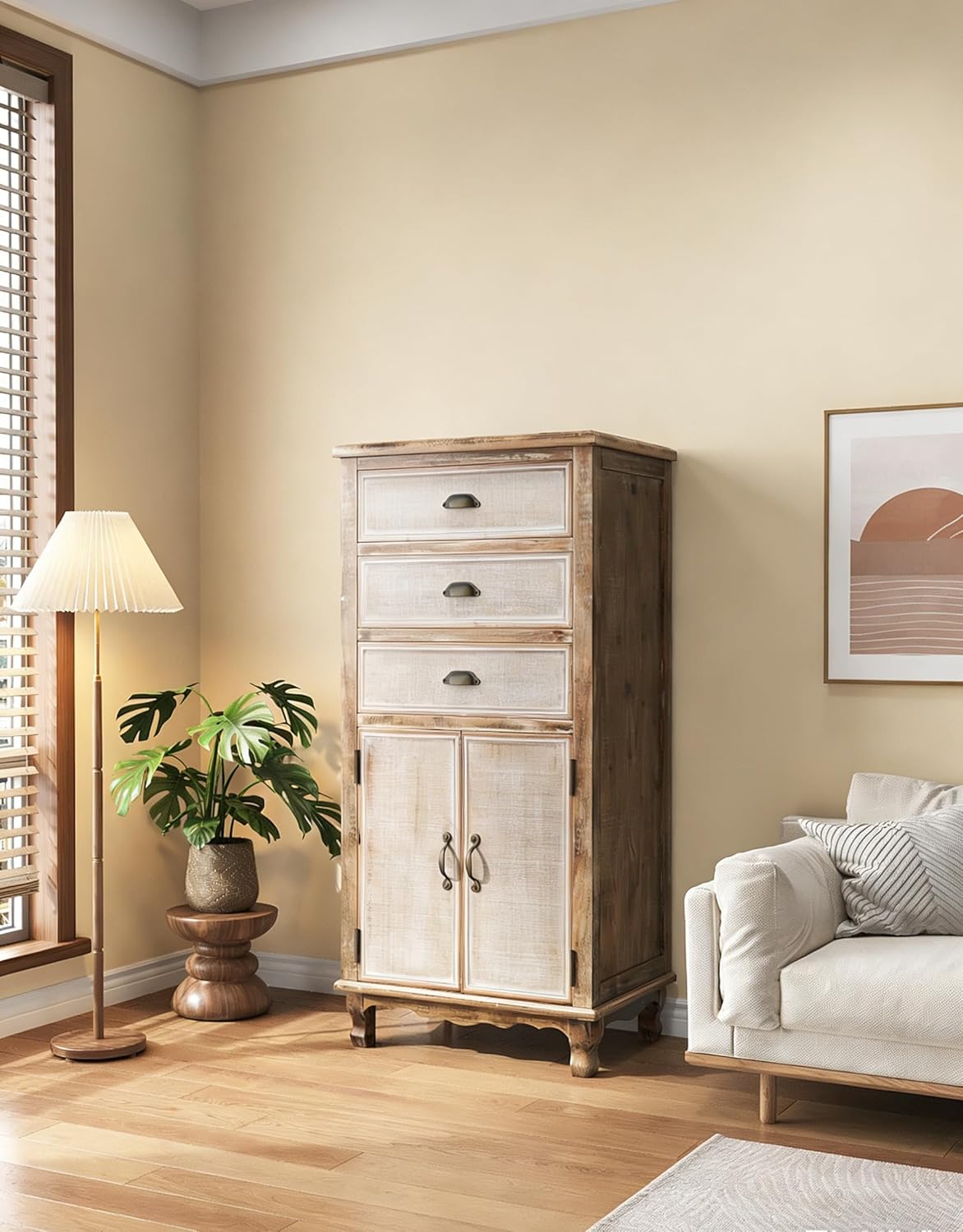 Farmhouse Vintage Accent Chest with 6 Drawers, Rustic Multicolor Carved Wood Dresser for Bedroom Storage, Bohemian Sofa Table Living Room, Home Decor, Colorful