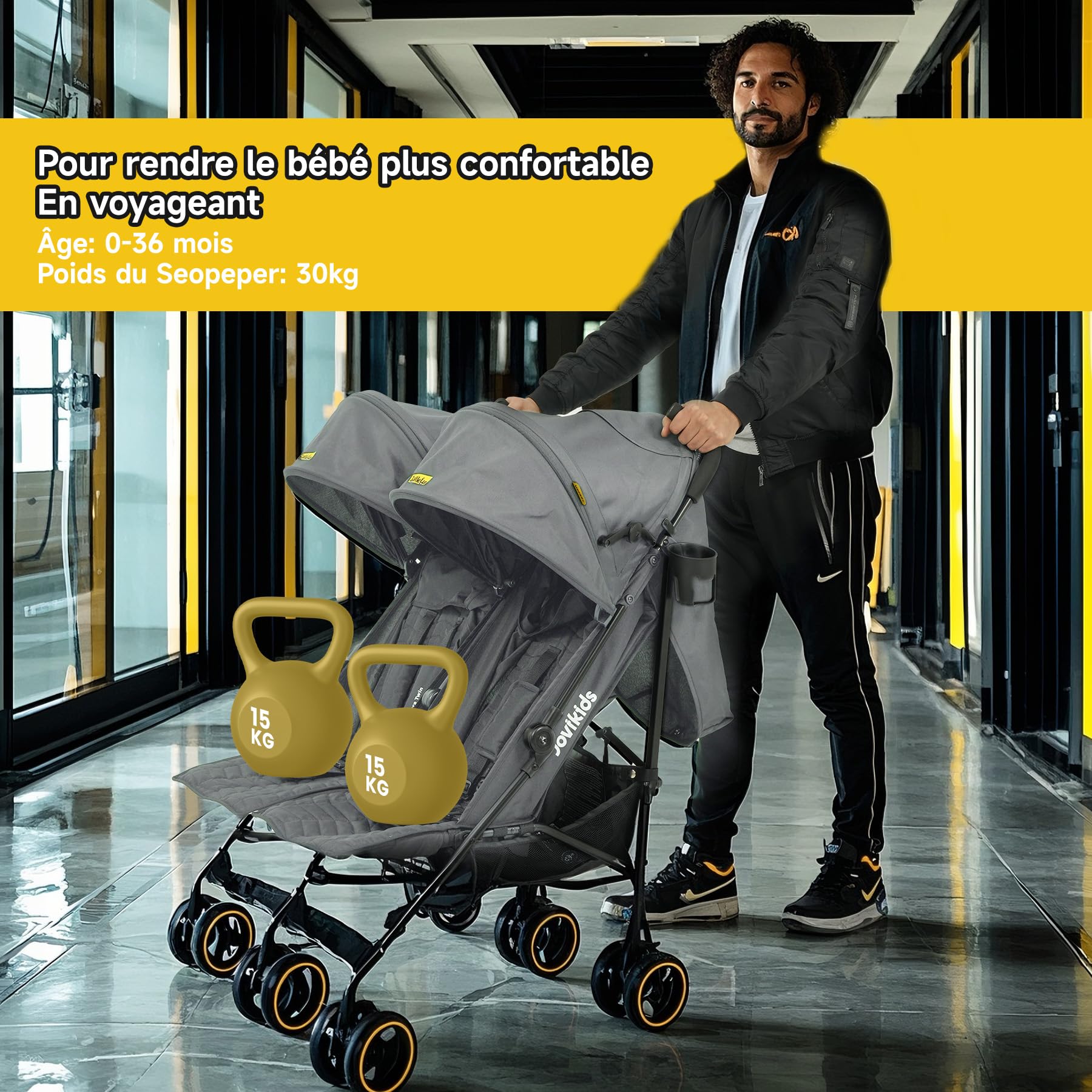 Jovikids Poussette double avec fonction allongée, pliable, avec pare-soleil, capote de pluie et porte-gobelet