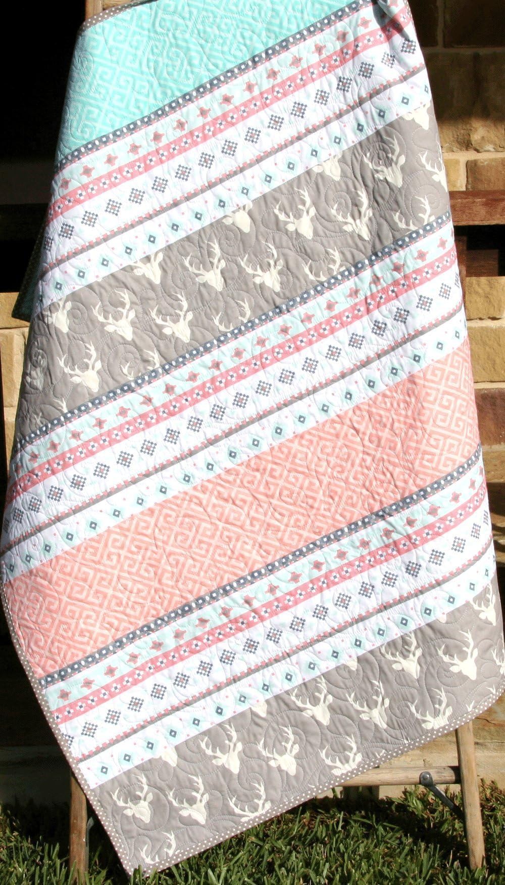 Tribal Baby Girl Quilt Aztec Deer Bucks Pastel Shabby Chic Crib Bedding Nursery Coral Pink Blue Toddler Bed Quilt