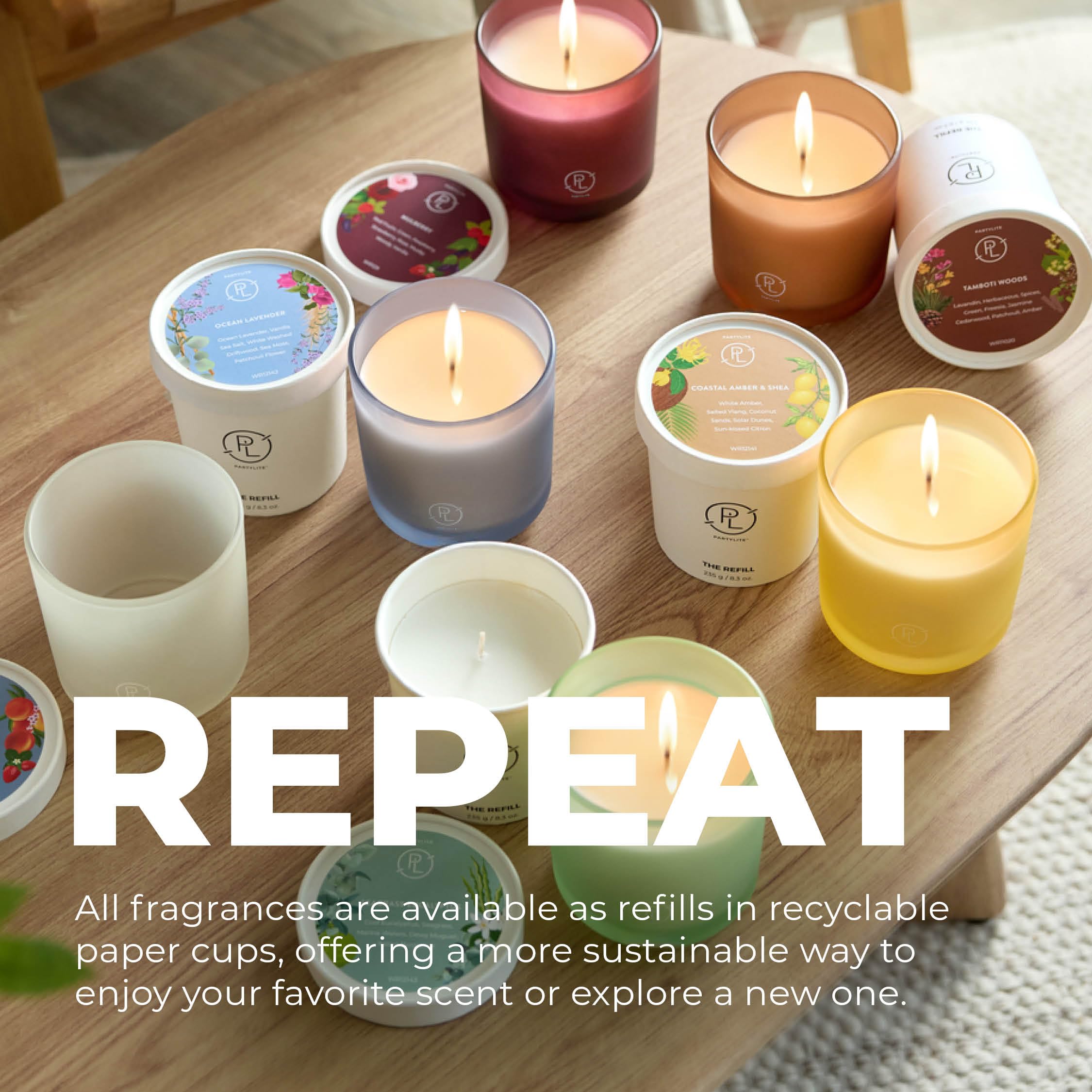 PartyLite Bougie parfumée rechargeable en pot, ambre et patchouli fumé avec parfum de lavande, aromathérapie à mèche unique avec 45 à 50 heures de combustion, idéale pour la décoration de la maison,