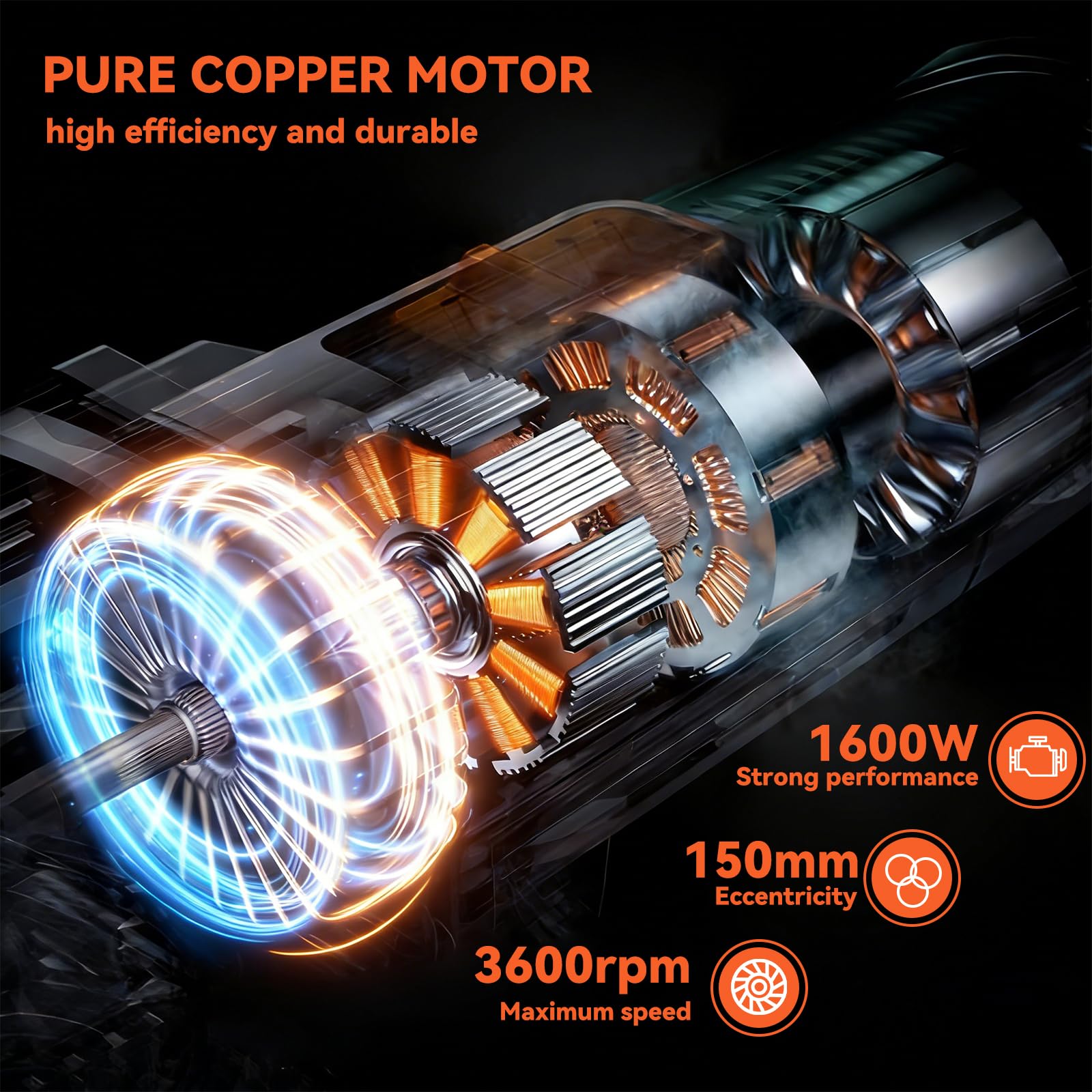 1600W Lucidatrice Rotorbitale con Filo, Orbita 15mm Platorello 150mm, 6 Velocità 600-3600 RPM, Kit Lucidatura Auto con 6 Tamponi per Carrozzeria, Maniglia a D e Maniglia Laterale